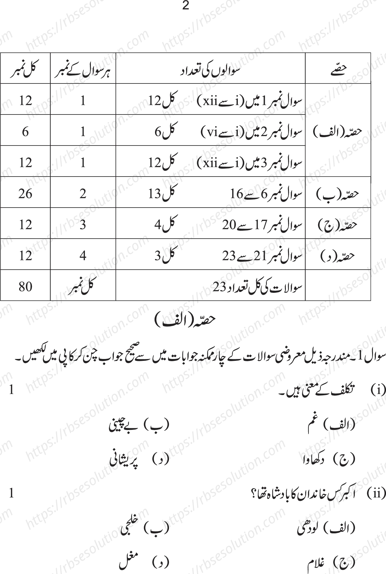 RBSE Class 10th 2022 Urdu Third Language Model Papers Sample Papers 1