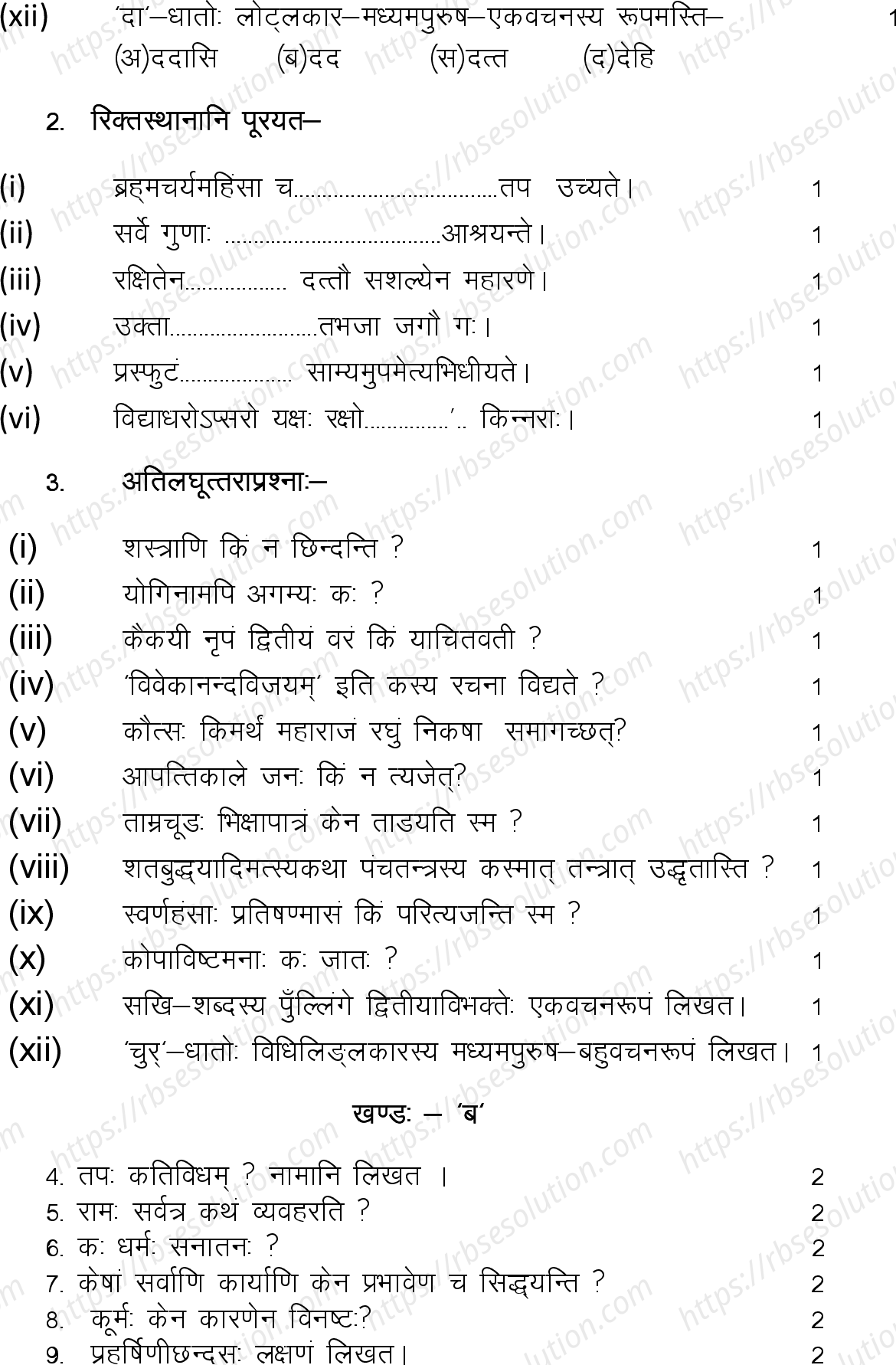 RBSE Class 10th 2023 Sanskrit Sample Papers 14