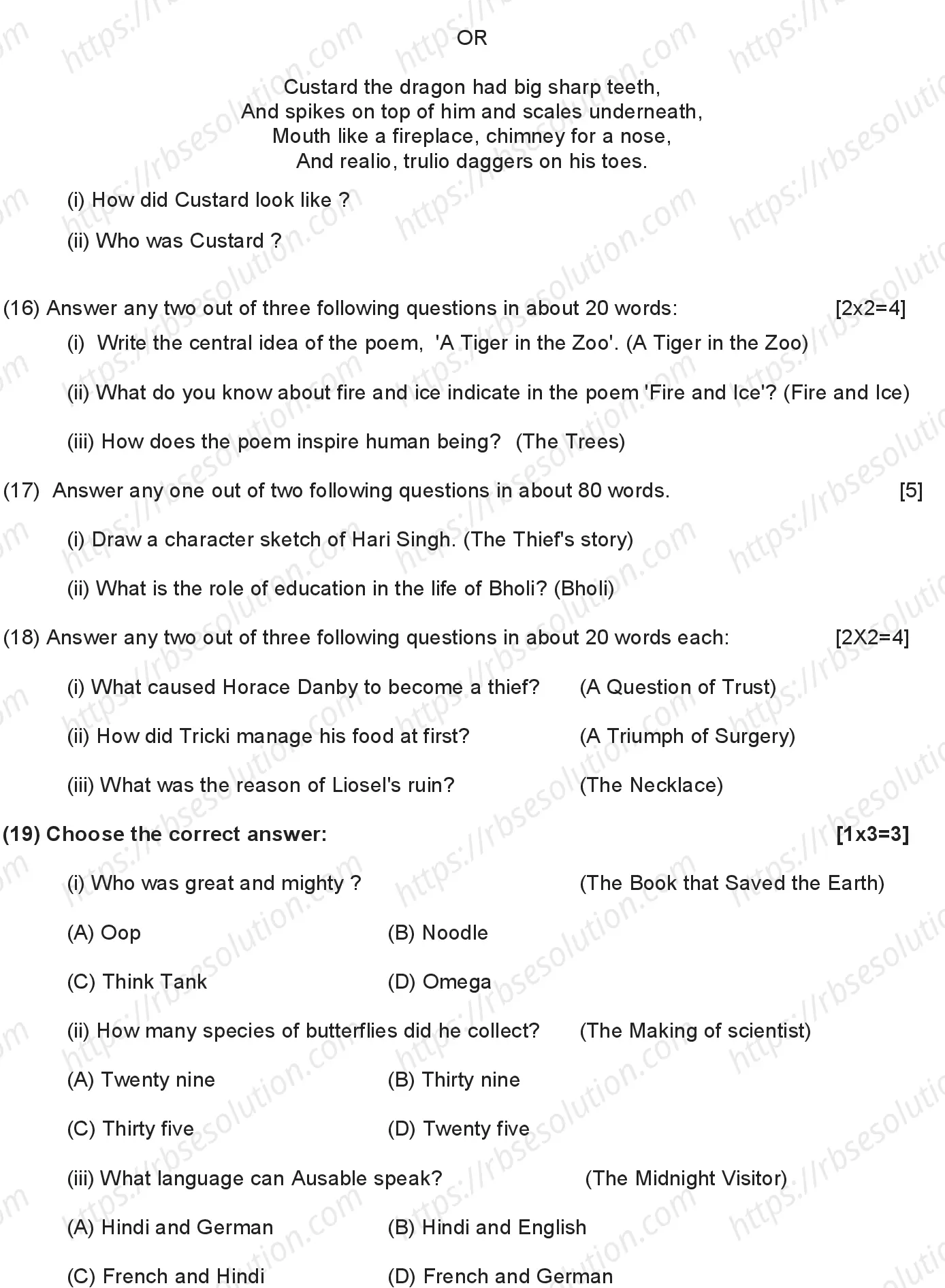 RBSE Class 10th 2024 English Sample Papers 8