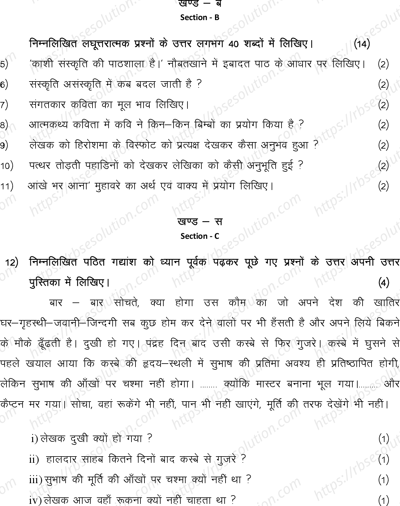 RBSE Class 10th 2024 Hindi Sample Papers 6