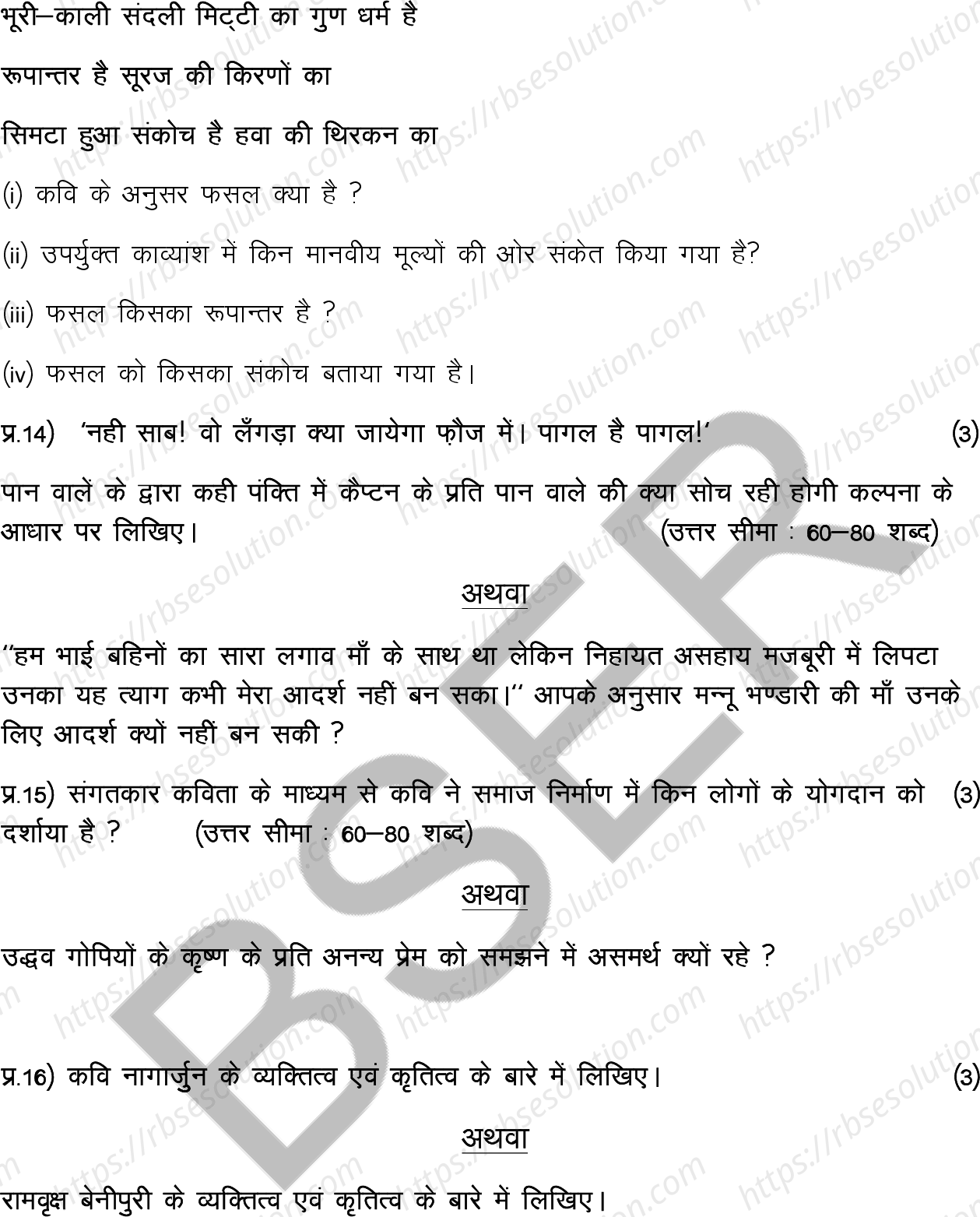 RBSE Class 10th 2025 Hindi Sample Papers 8