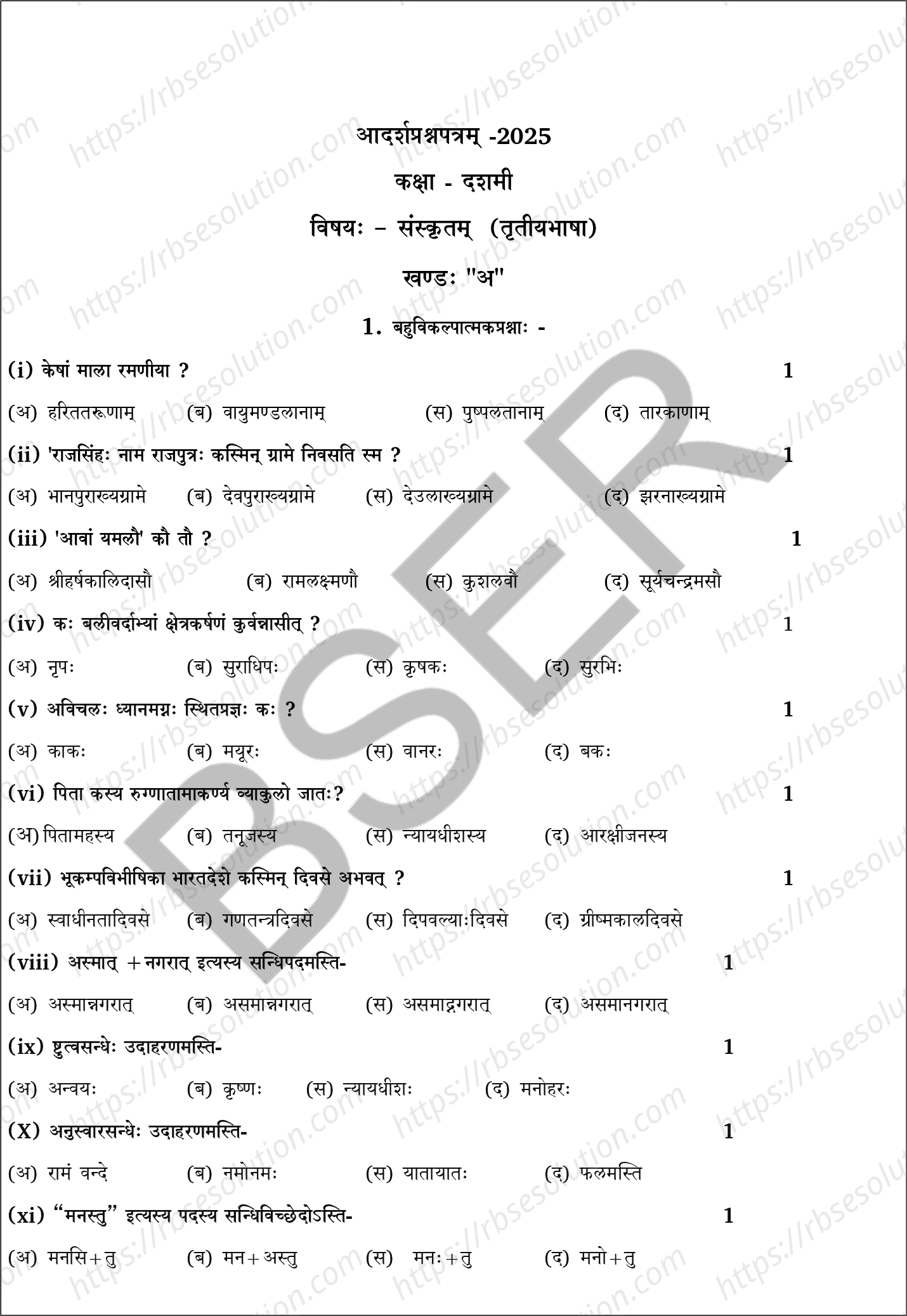 RBSE Class 10th 2025 Sanskrit Sample Papers 3