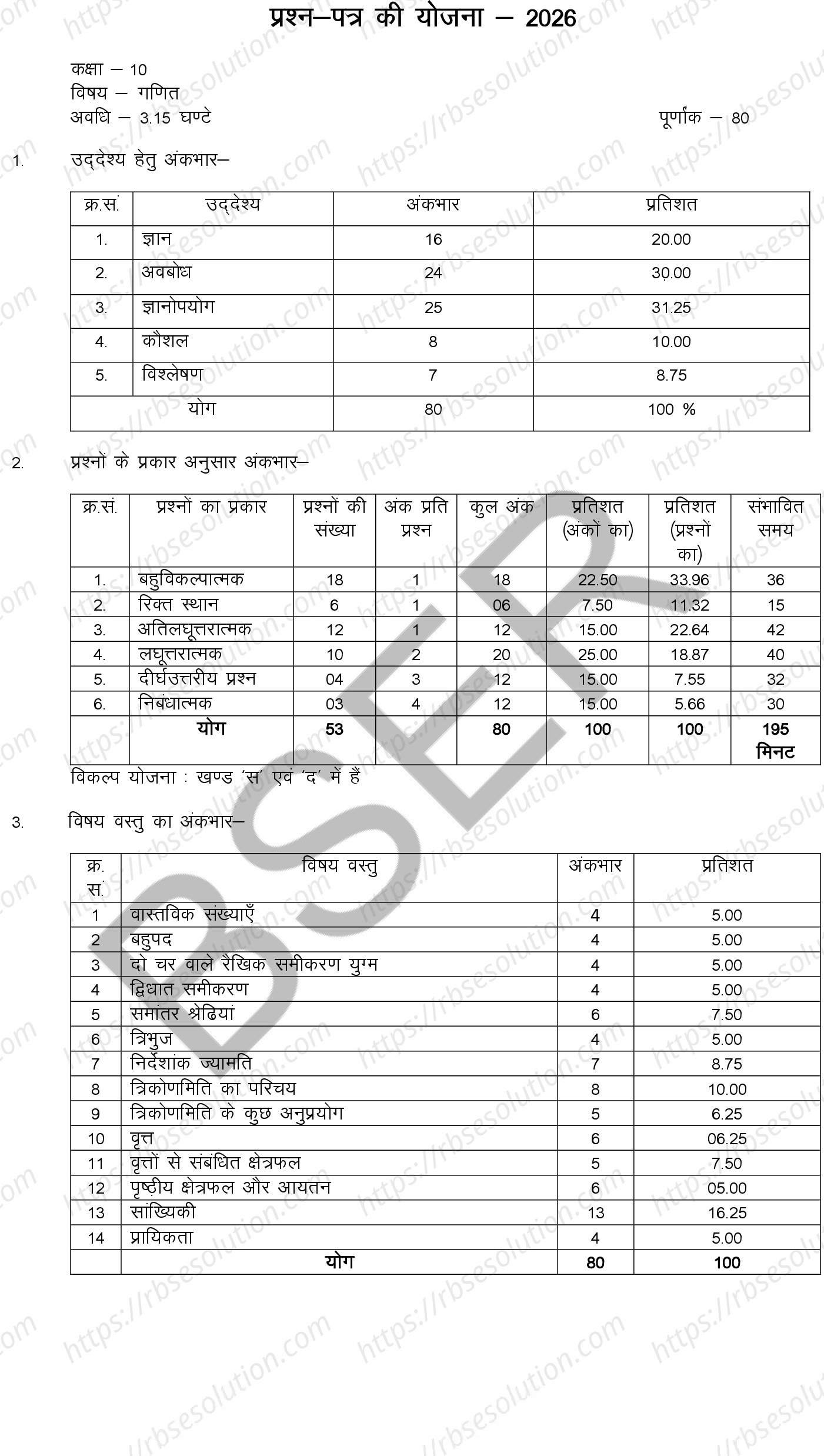 RBSE Class 10th 2026 Maths Sample Papers 0
