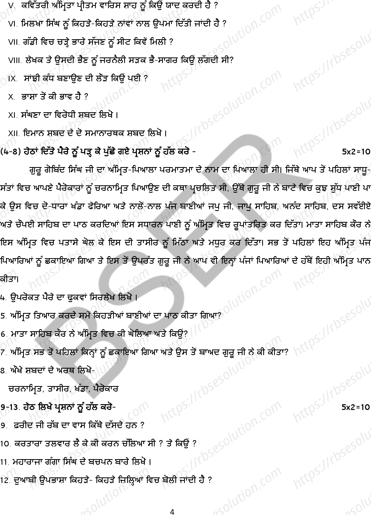 RBSE Class 10th 2026 Punjabi Sample Papers 5