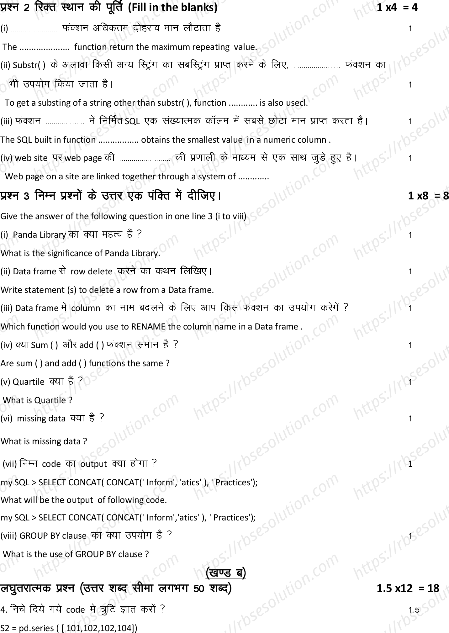 RBSE Class 12th 2022 Information Practices Model Papers Sample Papers 3
