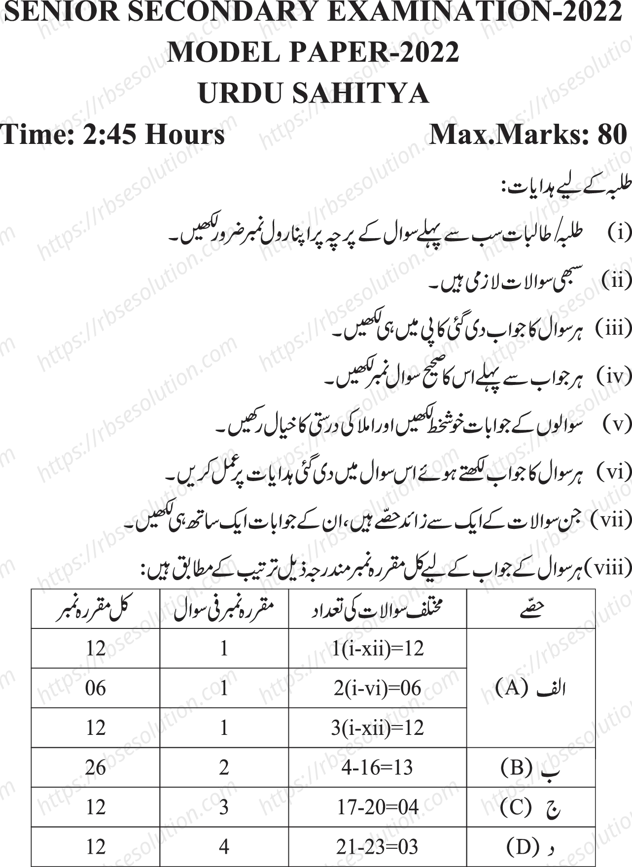 RBSE Class 12th 2022 Urdu Sahitya Model Papers Sample Papers 0
