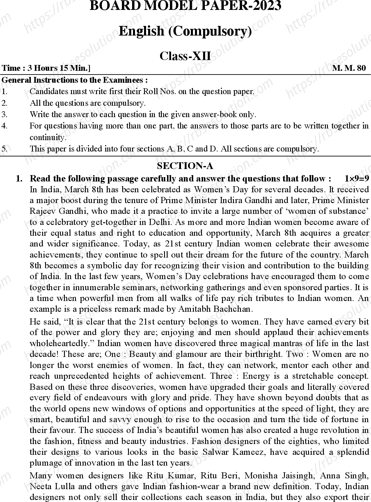 RBSE Class 12th 2023 English Compulsory Sample Papers 2