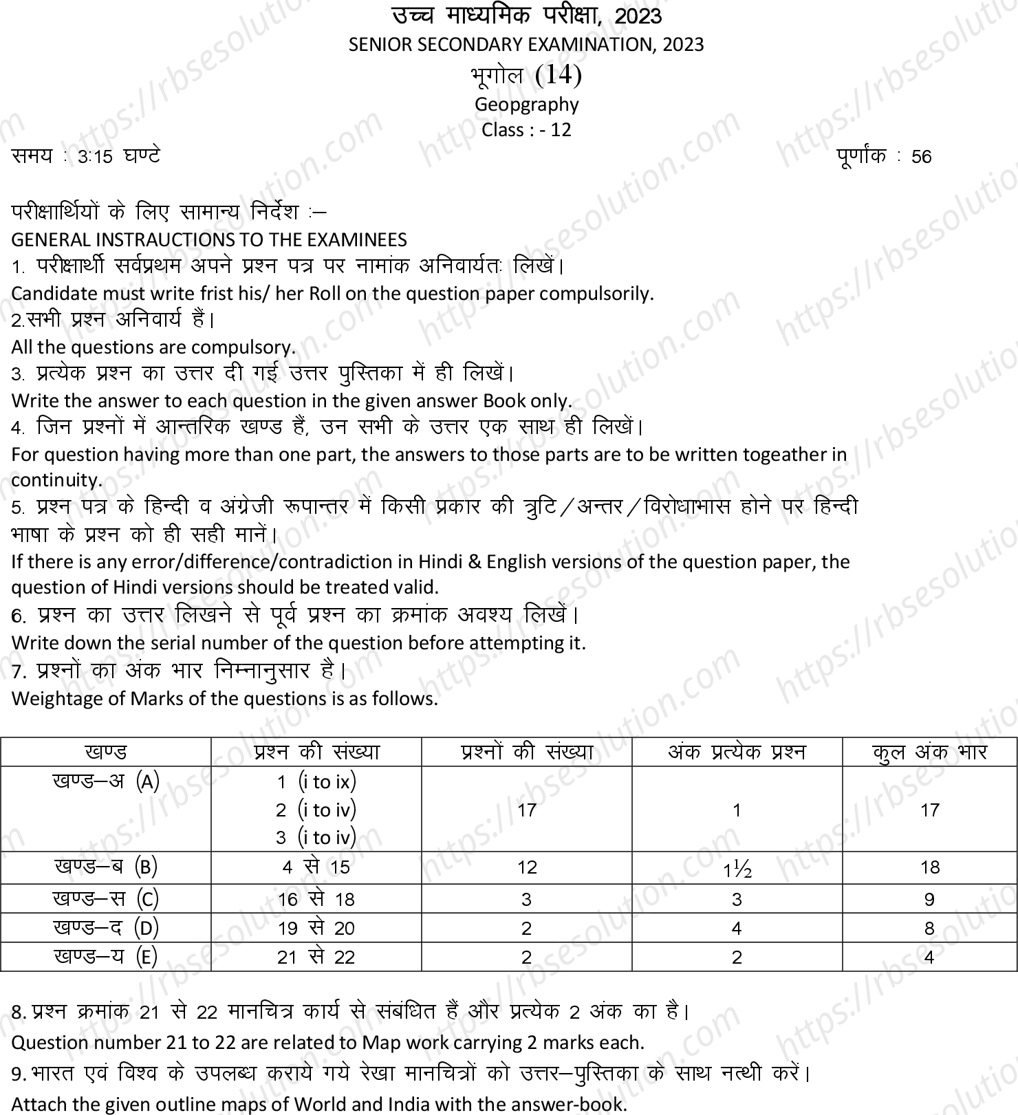 RBSE Class 12th 2023 Geography Sample Papers 3