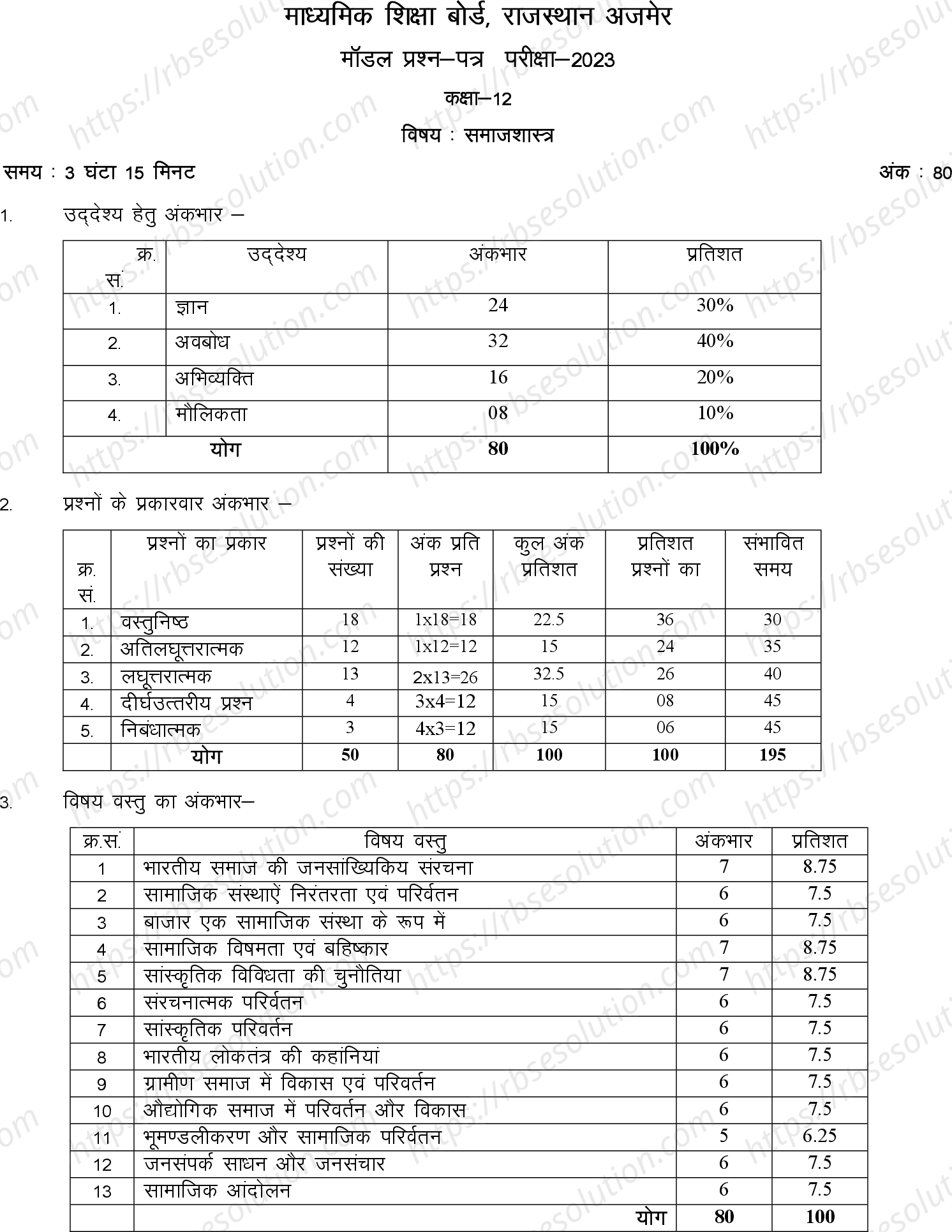 RBSE Class 12th 2023 Sociology Sample Papers 0