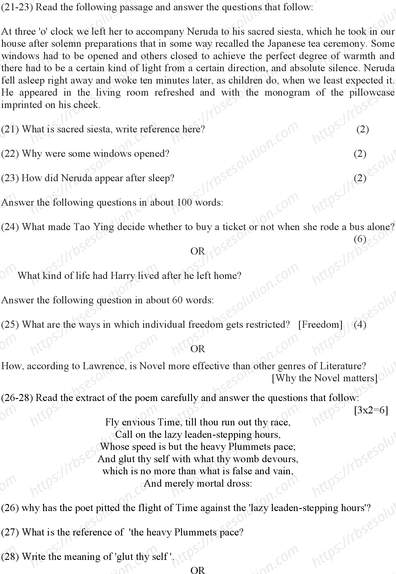 RBSE Class 12th 2024 English Literture Sample Papers 6