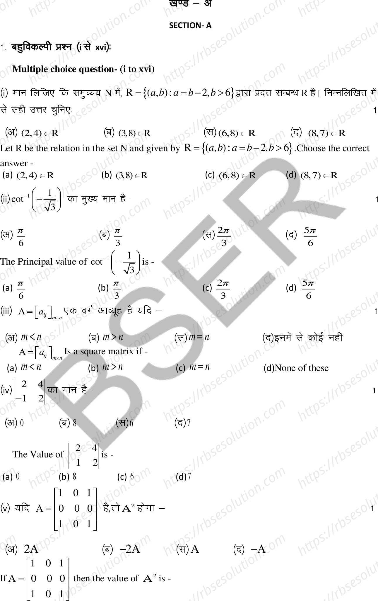 RBSE Class 12th 2025 Maths Sample Papers 3