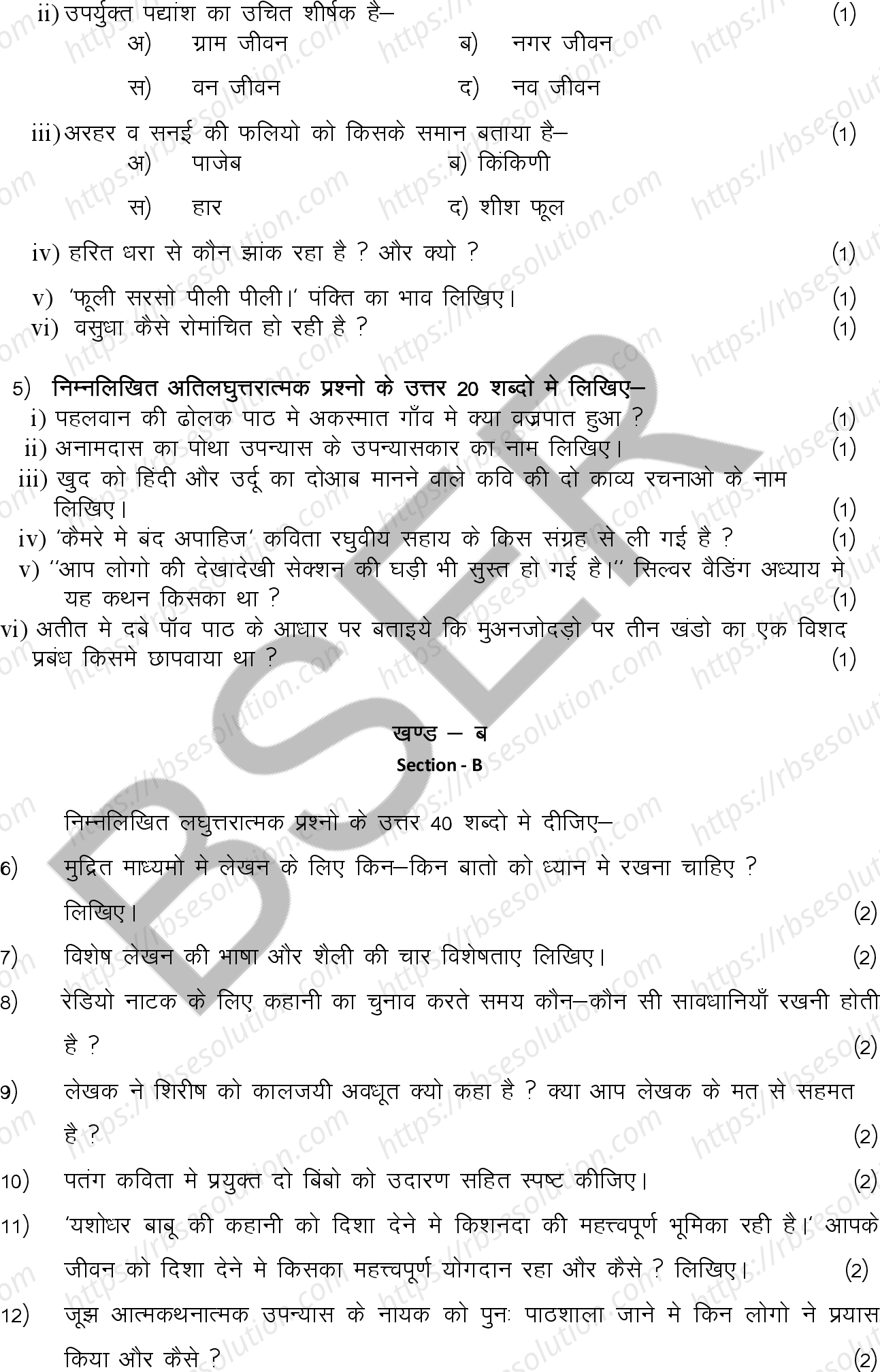 RBSE Class 12th 2026 Hindi Compulsory Sample Papers 6