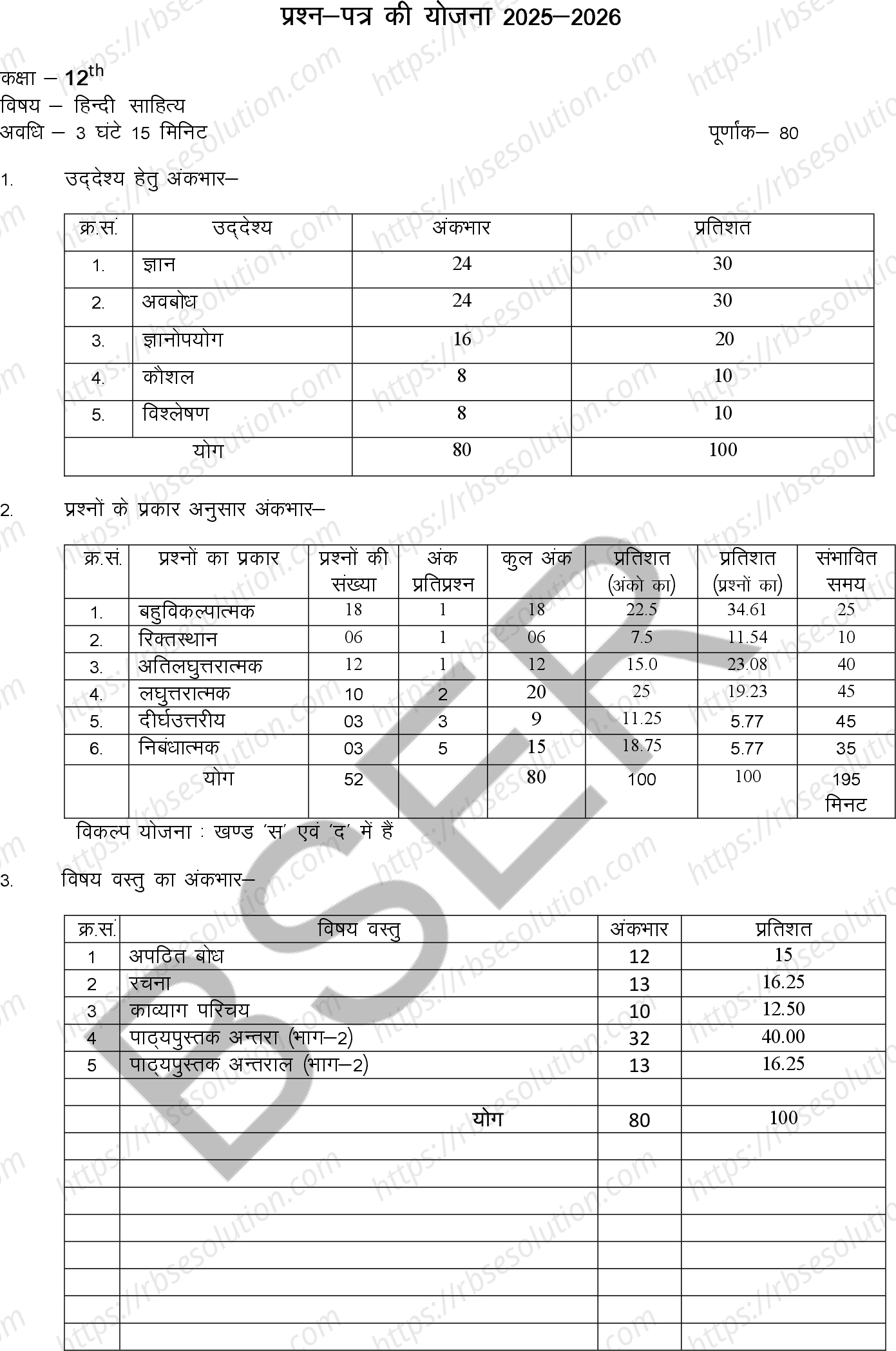 RBSE Class 12th 2026 Hindi Literature Sample Papers 0