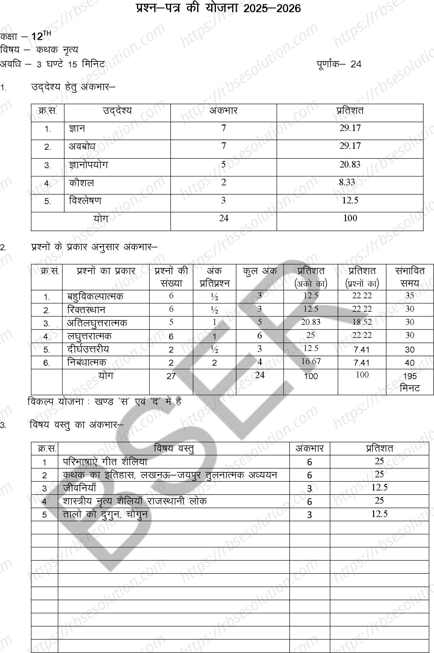 RBSE Class 12th 2026 Kathak Dance Sample Papers 0