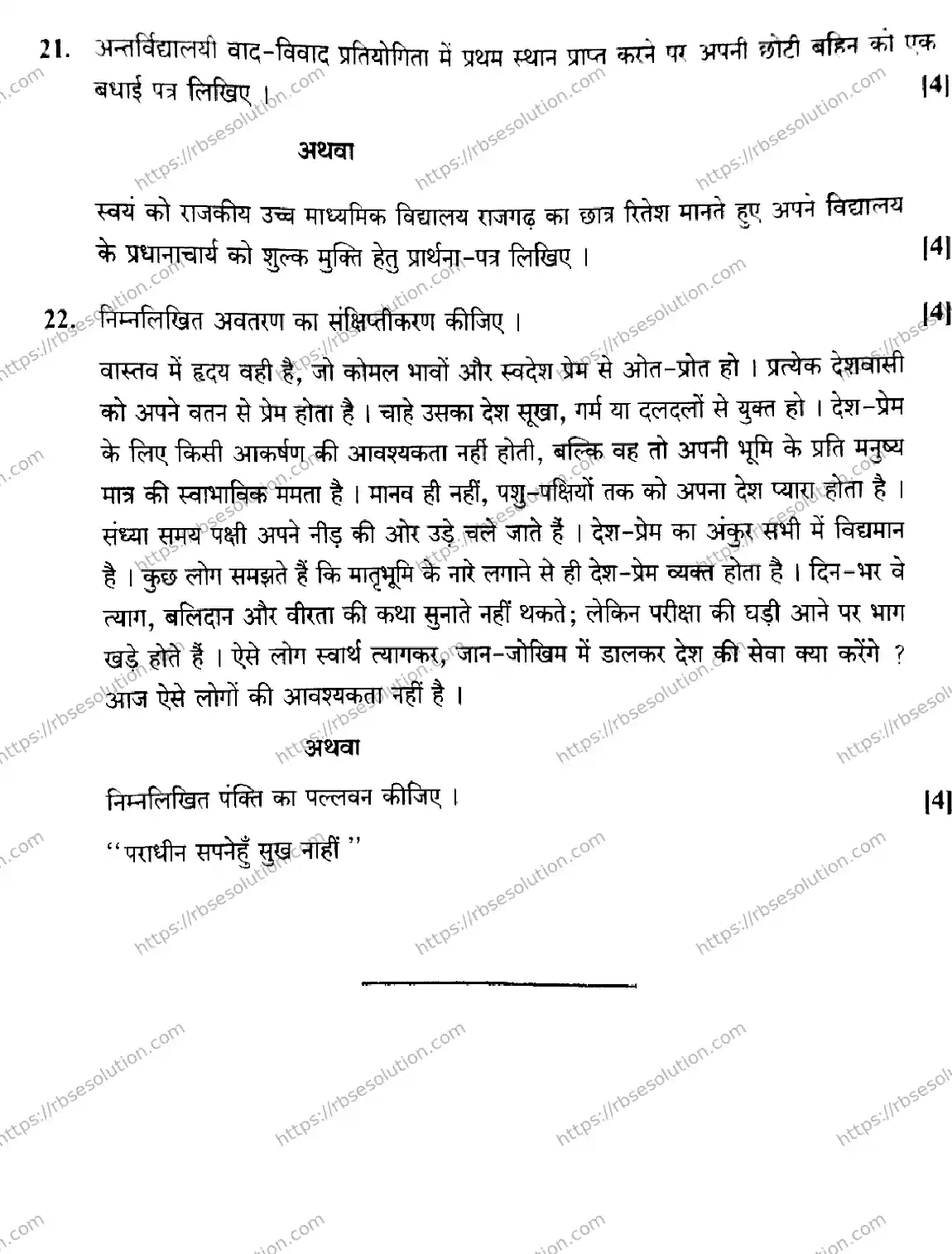 RBSE Class 10th 2026 HINDI-S-01 Previous Year Papers 10