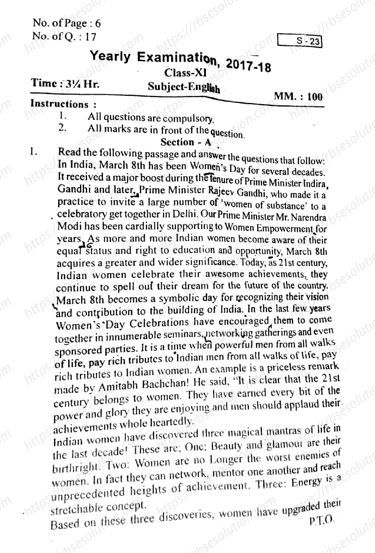 RBSE Class 11th 2018 English-S-23-2018 Previous Year Papers 0