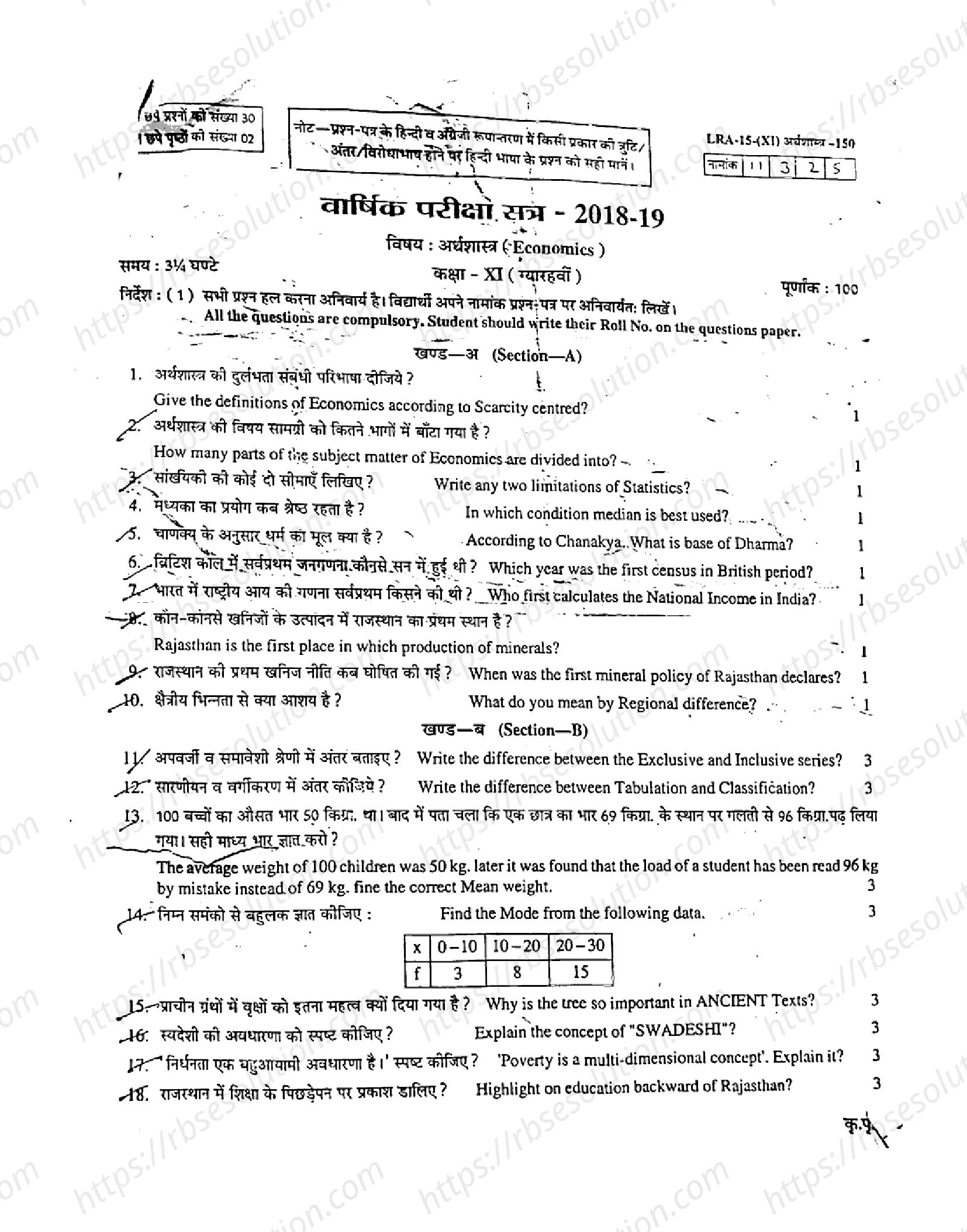 RBSE Class 11th 2019 Economics-LRA-15-XI-2019 Previous Year Papers 0