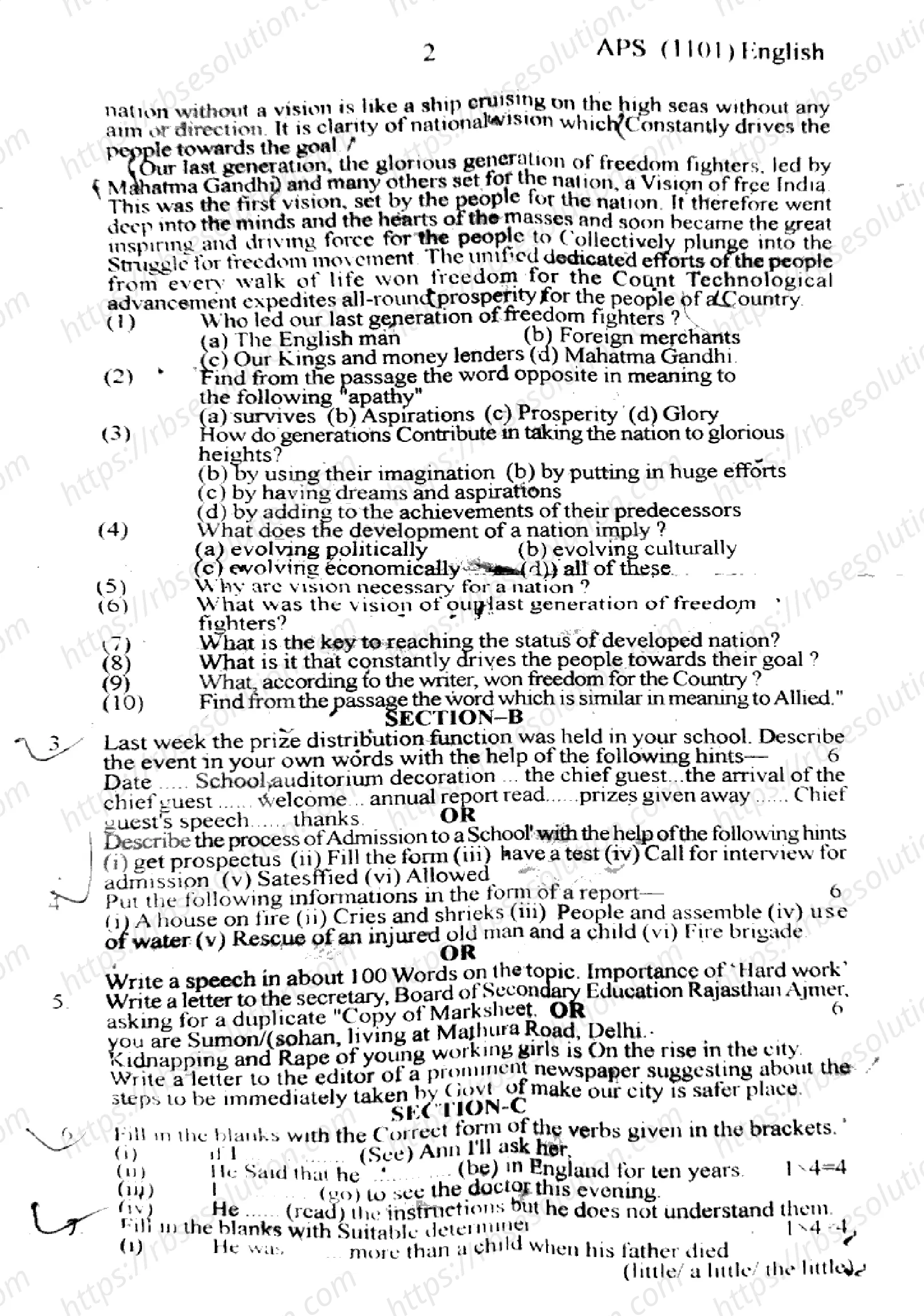 RBSE Class 11th 2024 English-APS (1101)-2024 Previous Year Papers 1