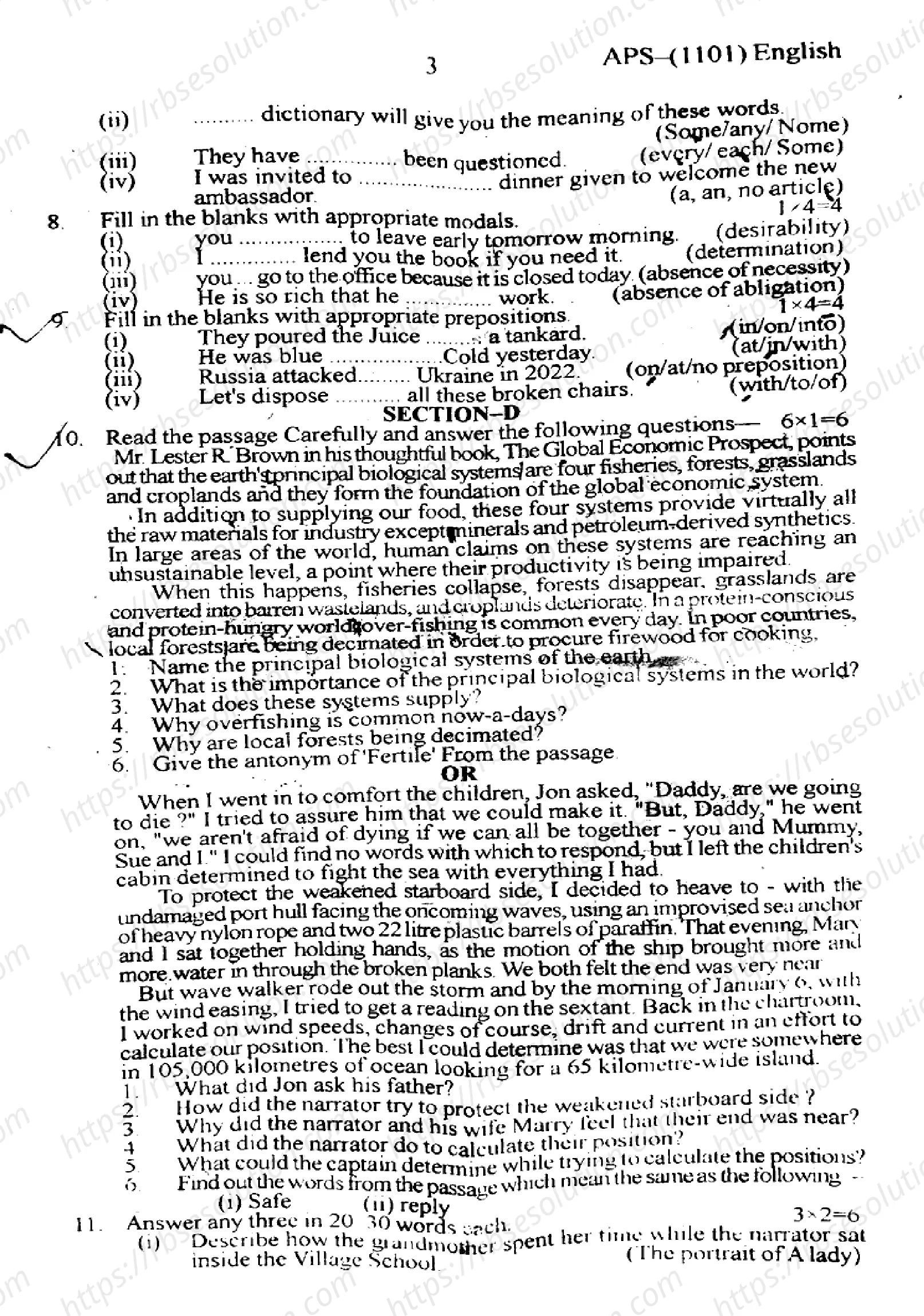 RBSE Class 11th 2024 English-APS (1101)-2024 Previous Year Papers 2