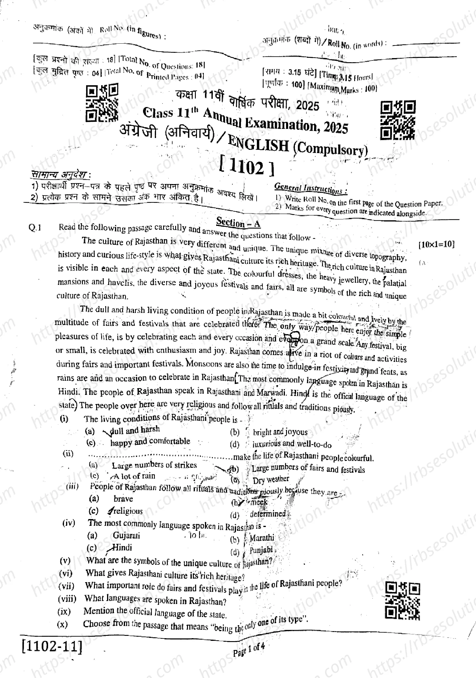 RBSE Class 11th 2025 English-(1102)-2025 Previous Year Papers 0