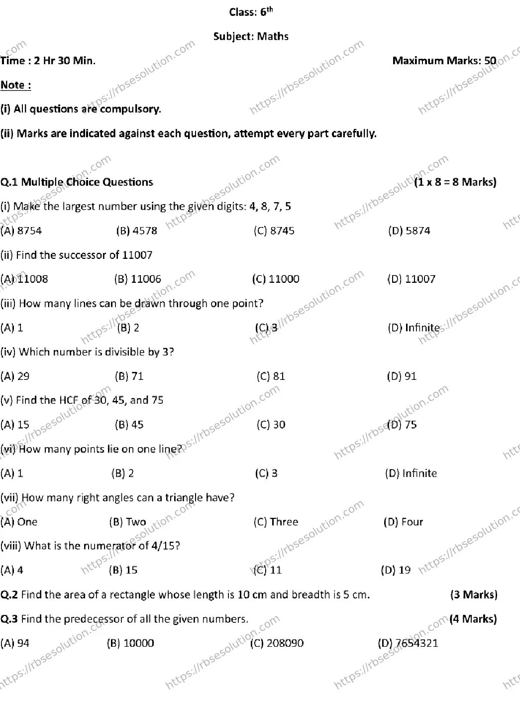 RBSE Class 6th 2026 HALF-YEARLY-MATHEMATICS-301125 Previous Year Papers 0