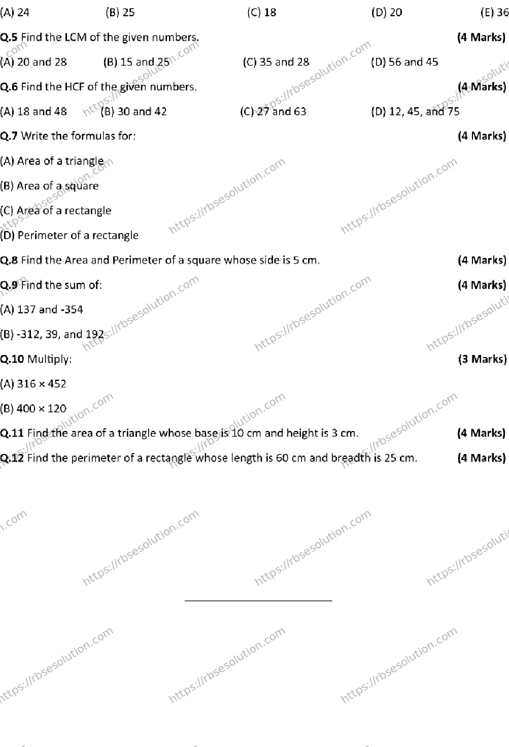 RBSE Class 6th 2026 HALF-YEARLY-MATHEMATICS-301125 Previous Year Papers 1