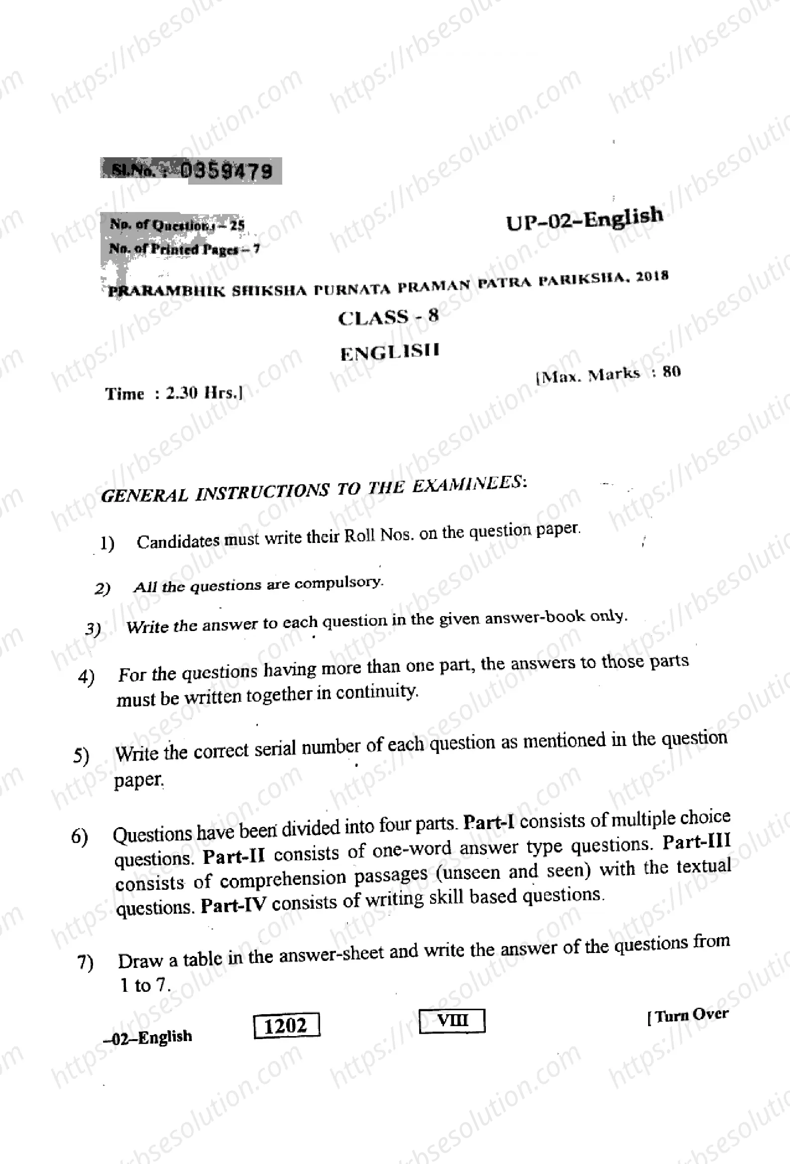 RBSE Class 8th 2018 English-UP-02-2018 Previous Year Papers 0