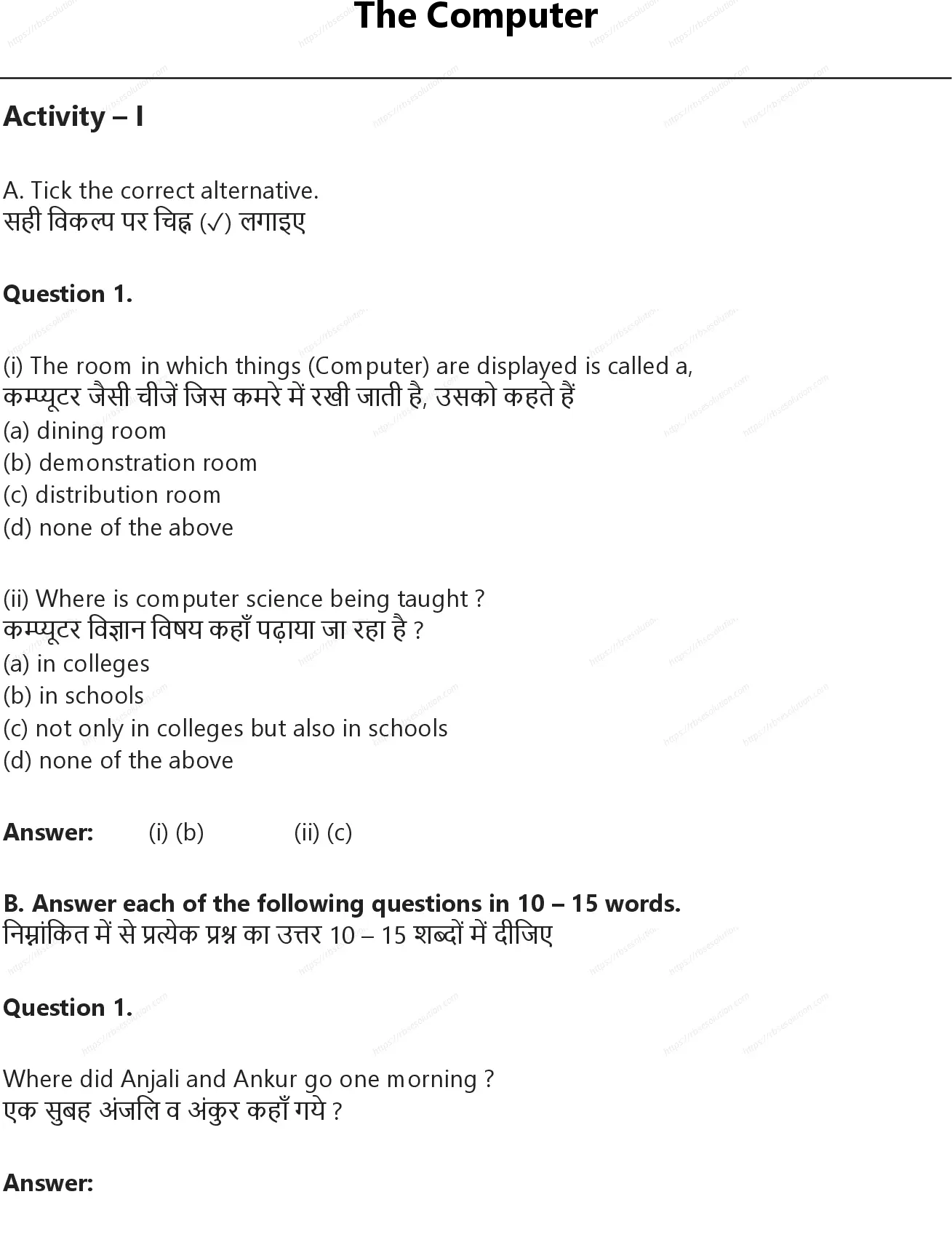 RBSE Class 6th अंग्रेज़ी The Computer Solutions 0