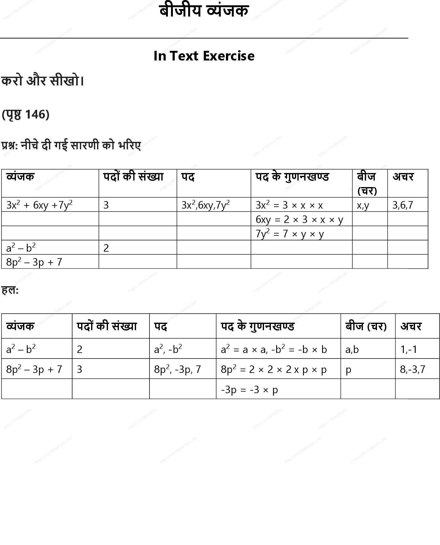 RBSE Class 7th गणित बीजीय व्यंजक Solutions 0
