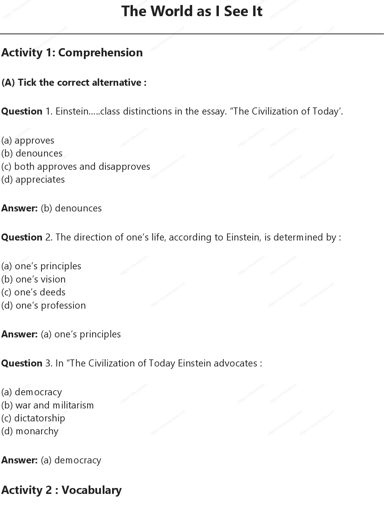 RBSE Class 9th अंग्रेज़ी The World as I See It Solutions 0