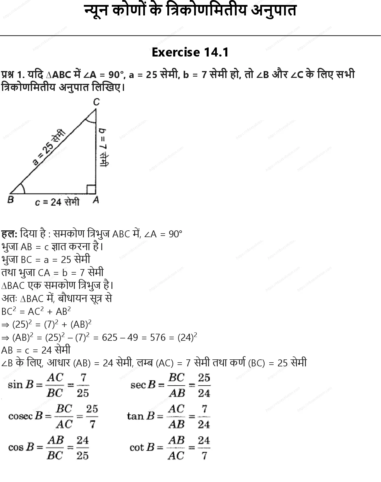RBSE Class 9th गणित न्यून कोणों के त्रिकोणमितीय अनुपात Solutions 0