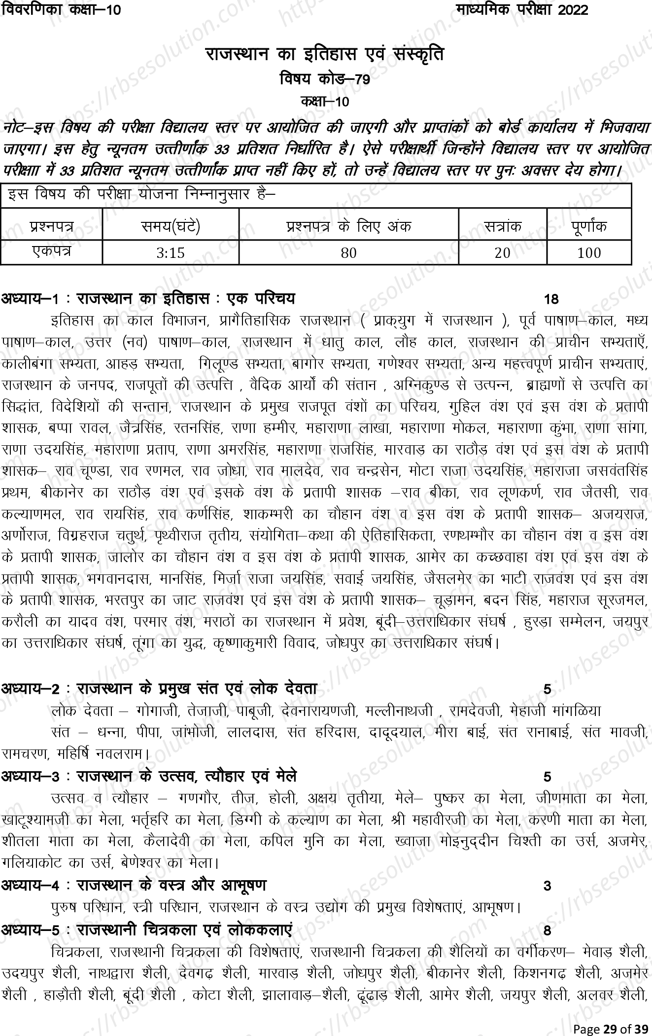 RBSE Class 10th 2022 History and Culture of Rajasthan Syllabus 0