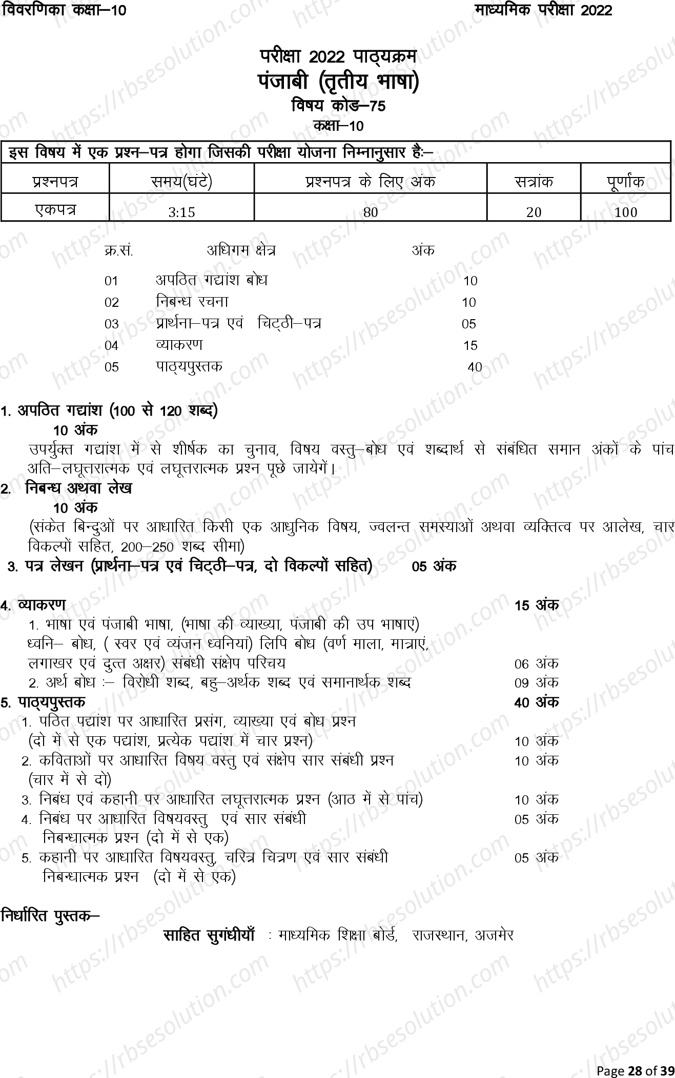 RBSE Class 10th 2022 Punjabi Syllabus 0
