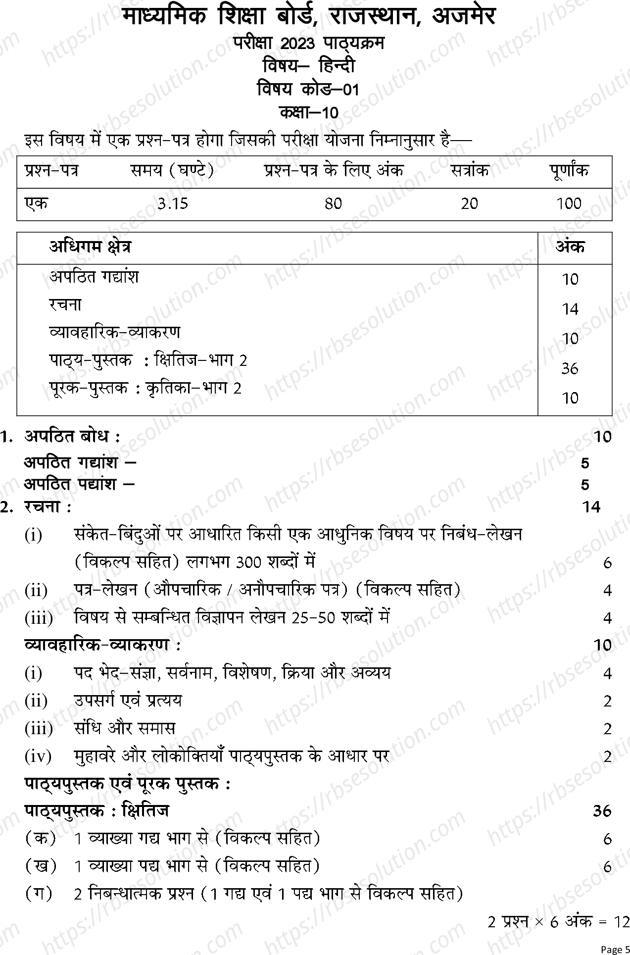 RBSE Class 10th 2023 Hindi Syllabus 0