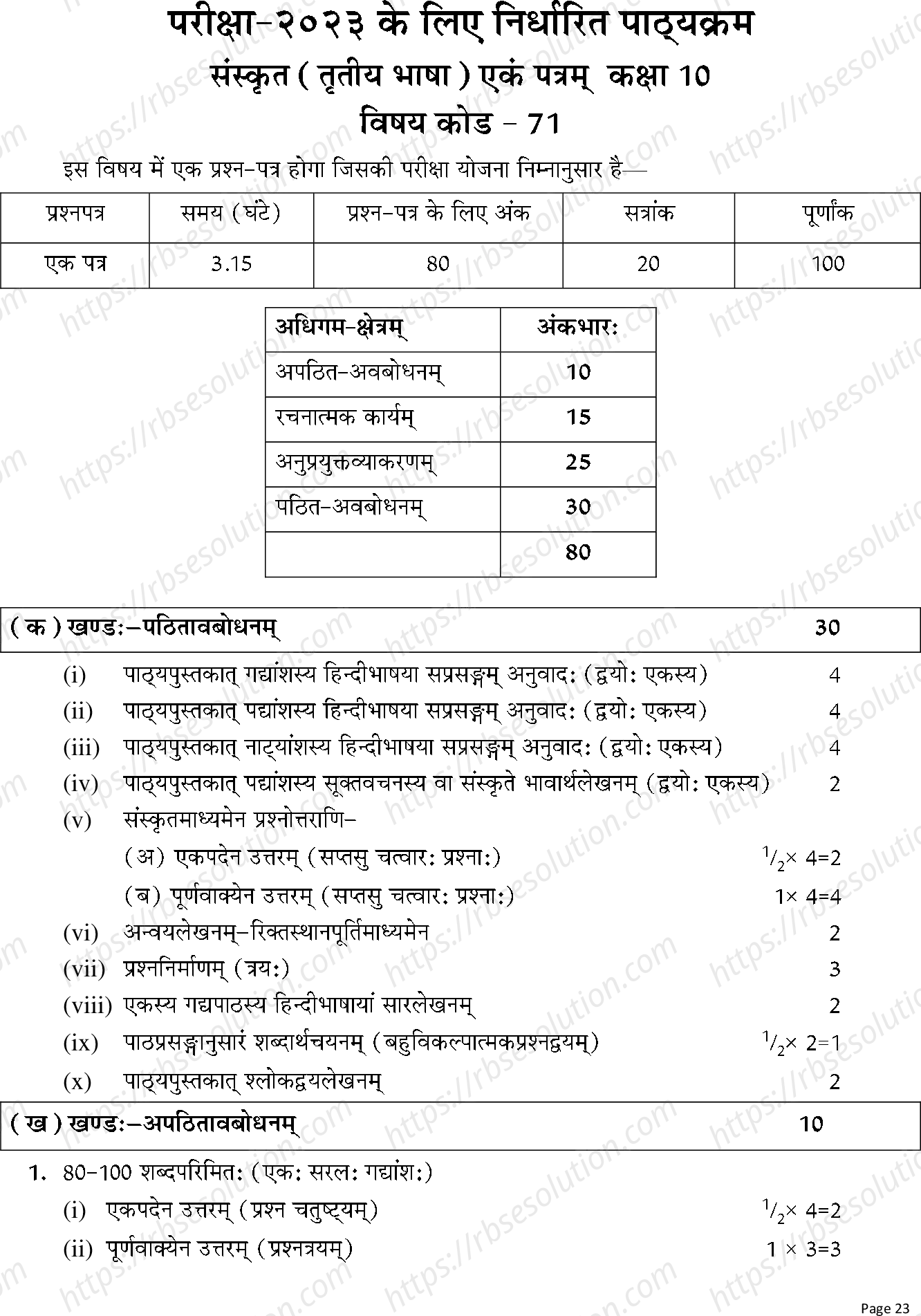 RBSE Class 10th 2023 Sanskrit Syllabus 0
