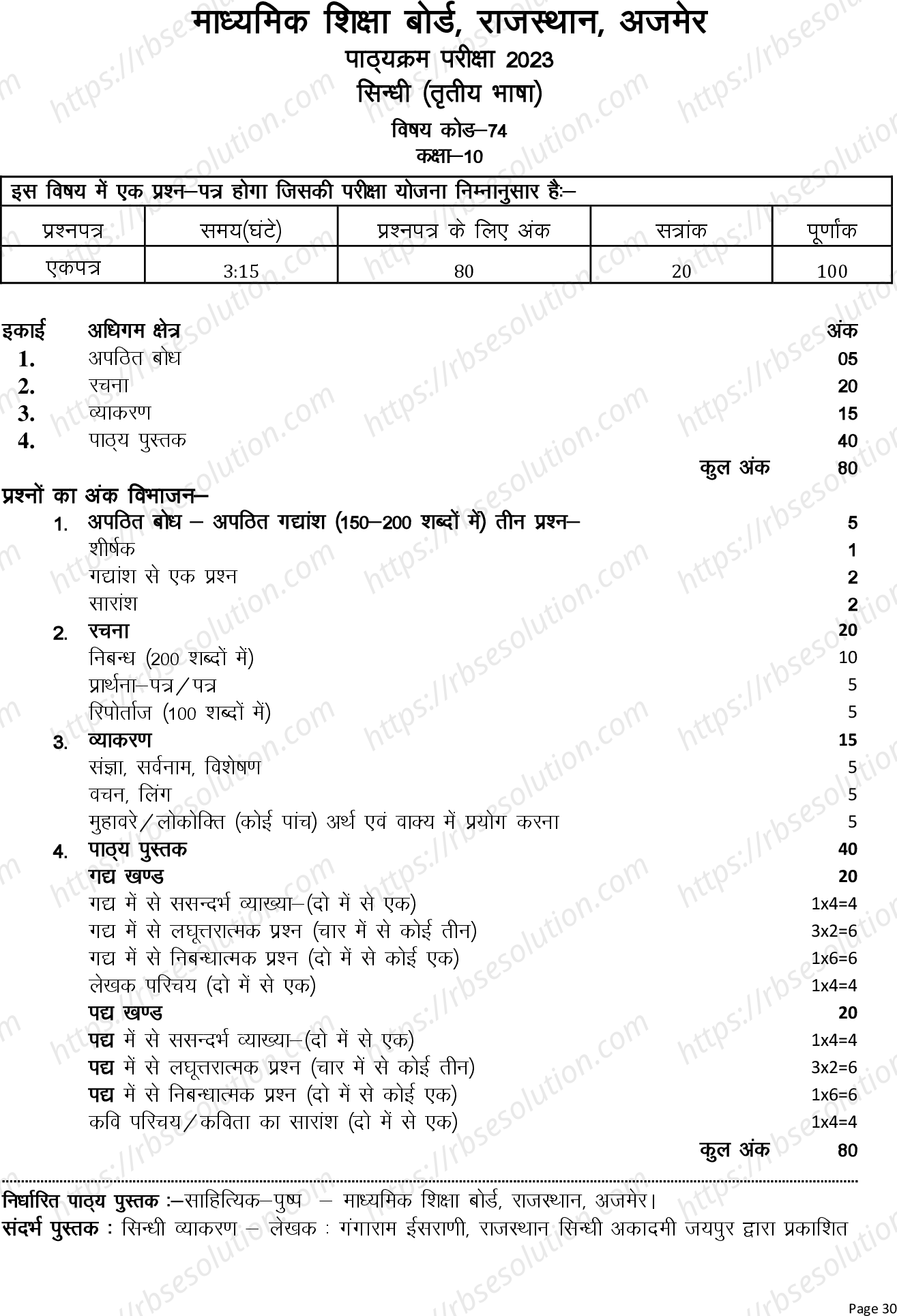 RBSE Class 10th 2023 Sindhi Syllabus 0