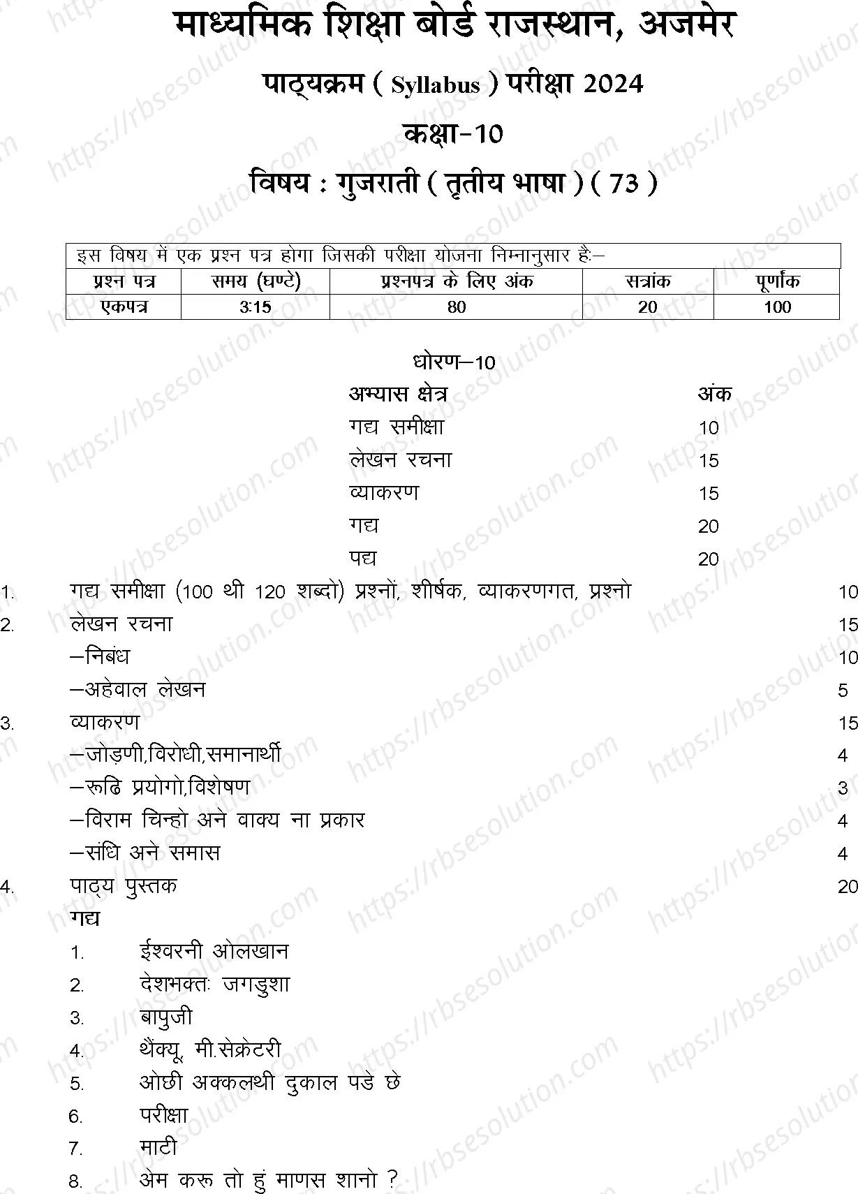 RBSE Class 10th 2024 Gujarati Syllabus 0