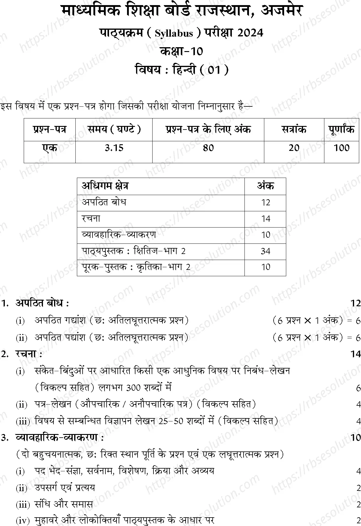 RBSE Class 10th 2024 Hindi Syllabus 0