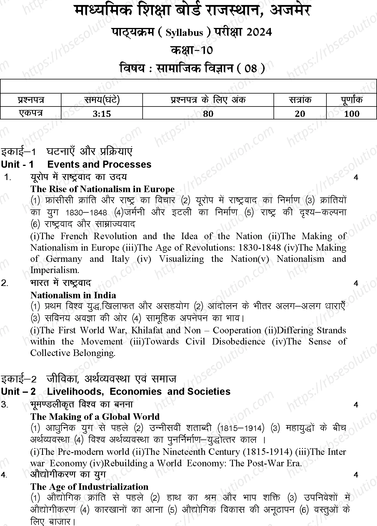 RBSE Class 10th 2024 Social Science Syllabus 0