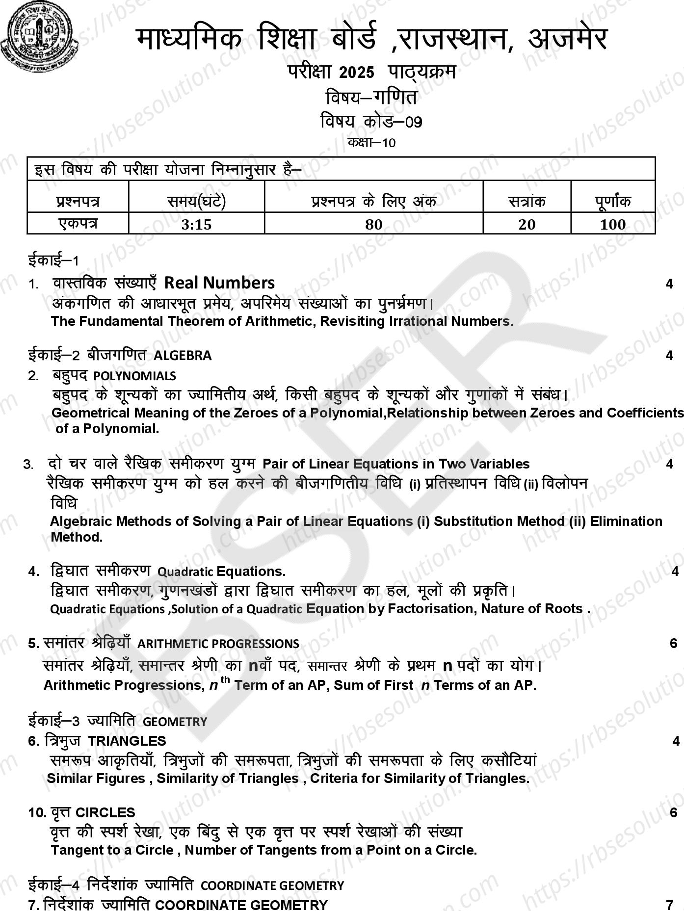 RBSE Class 10th 2025 Maths Syllabus 0