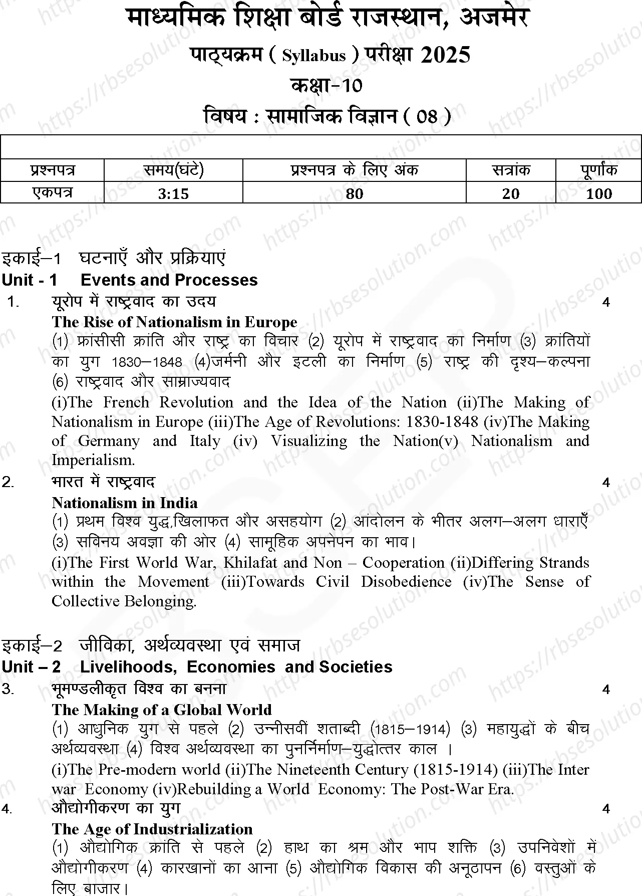 RBSE Class 10th 2025 Social Science Syllabus 0