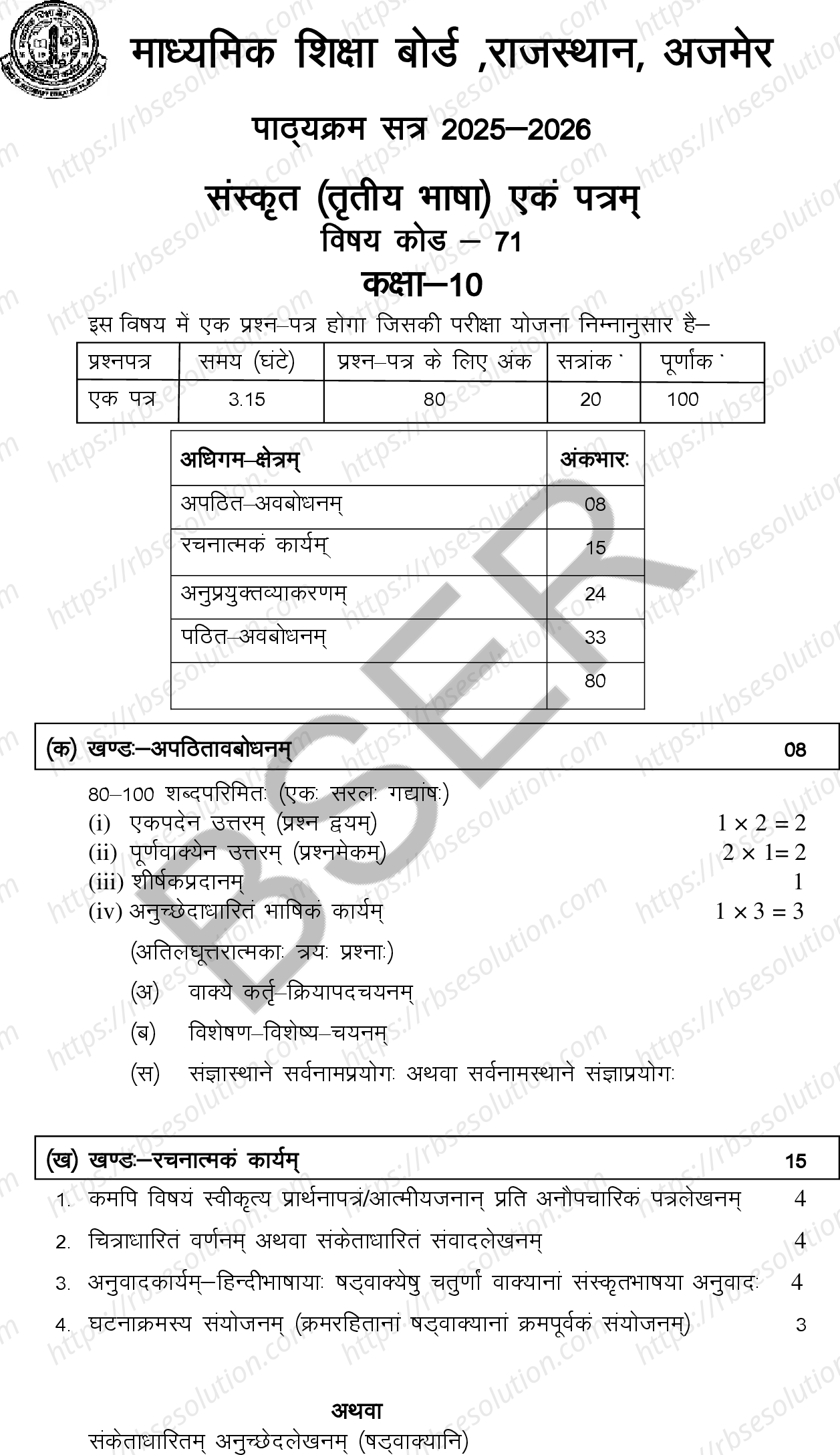 RBSE Class 10th 2026 संस्कृत (तृतीय भाषा) Syllabus 0