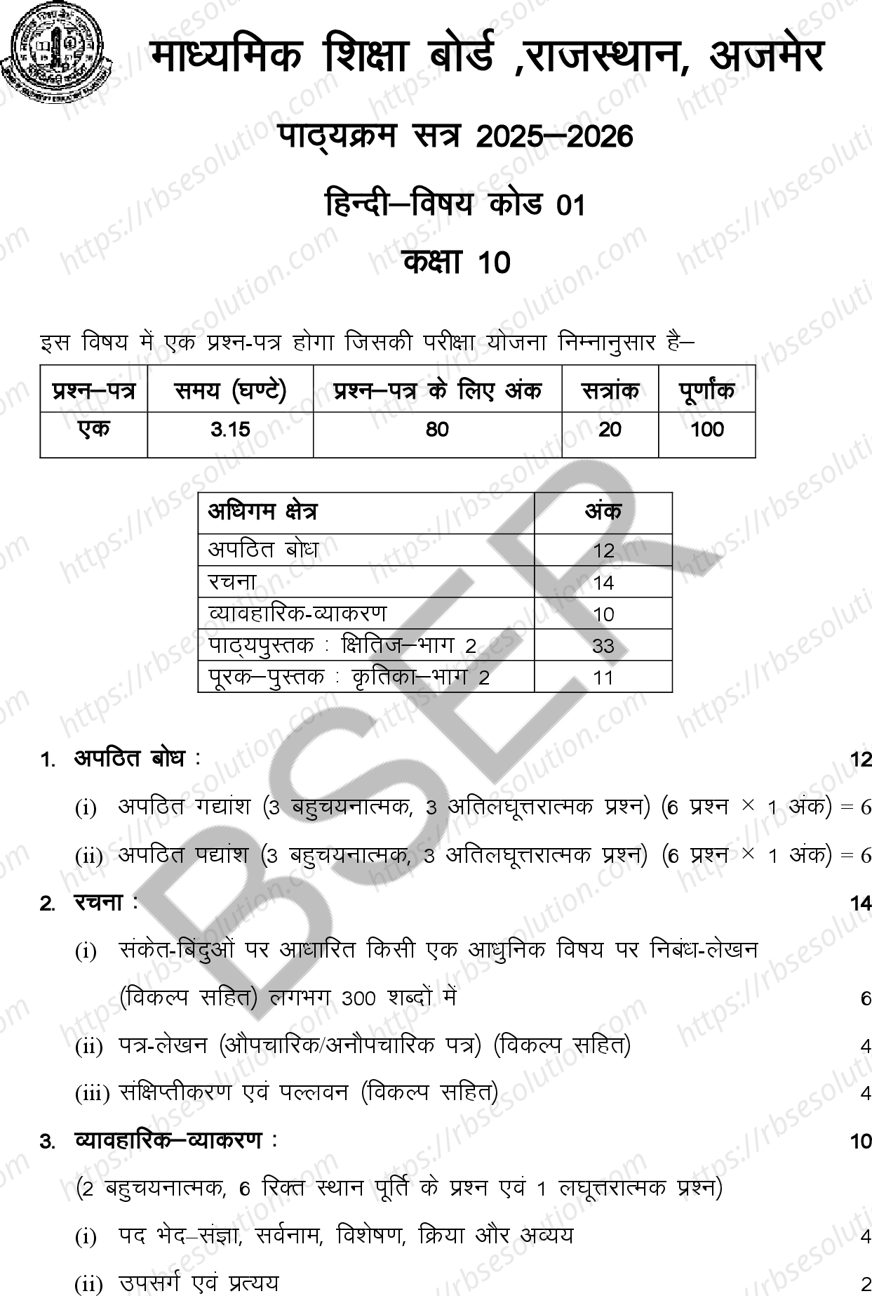 RBSE Class 10th 2026 हिन्दी Syllabus 0