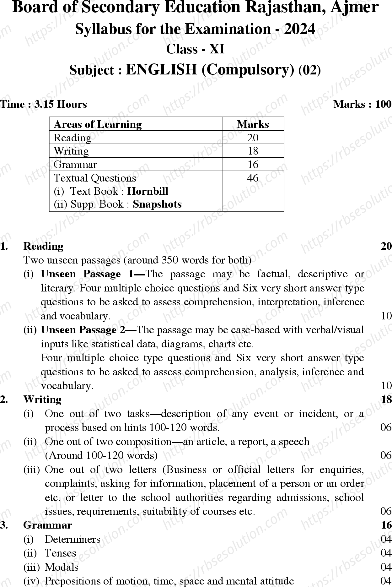 RBSE Class 11th 2024 English Syllabus 0