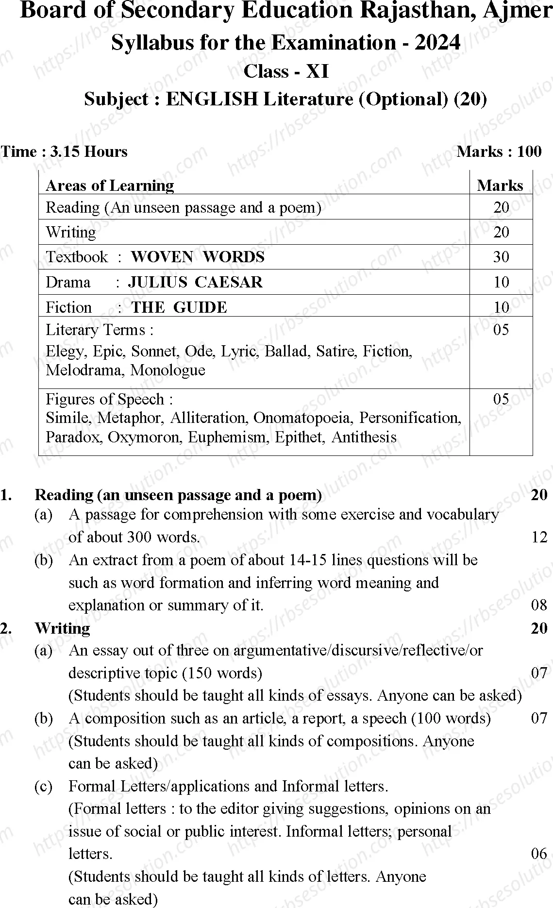 RBSE Class 11th 2024 English Literature Syllabus 0