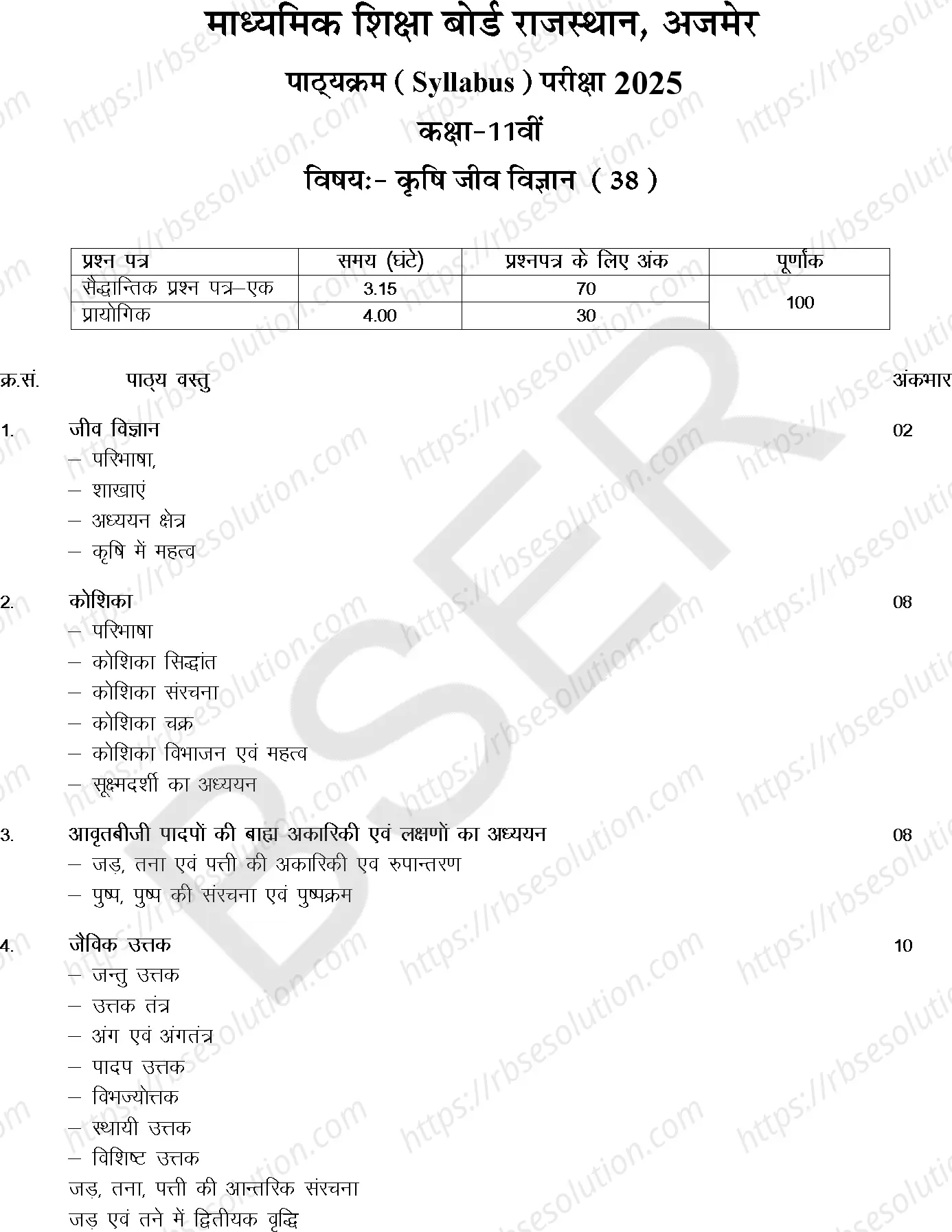 RBSE Class 11th 2025 Agricultural Biology Syllabus 0