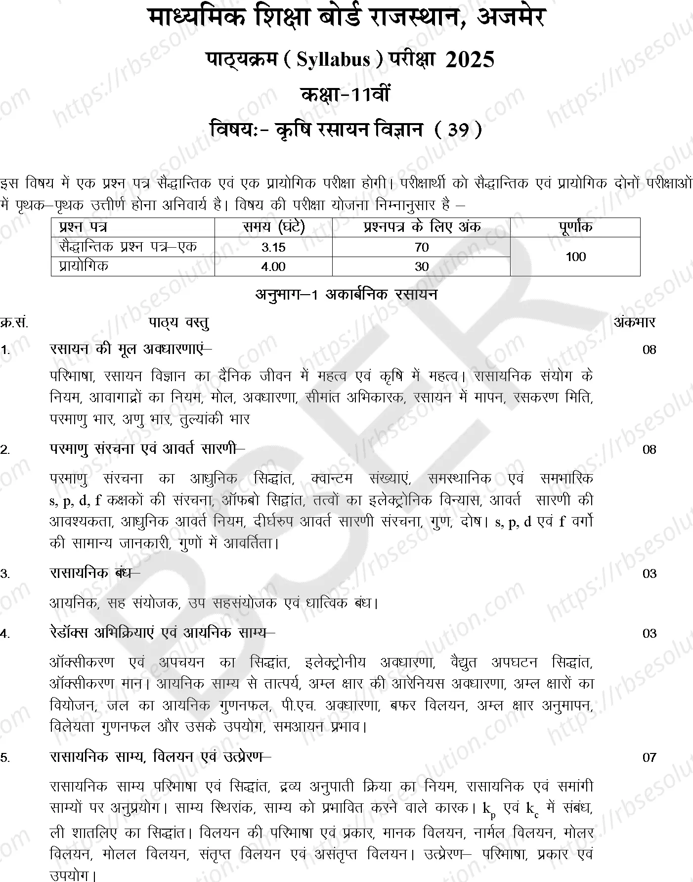 RBSE Class 11th 2025 Agricultural Chemistry Syllabus 0
