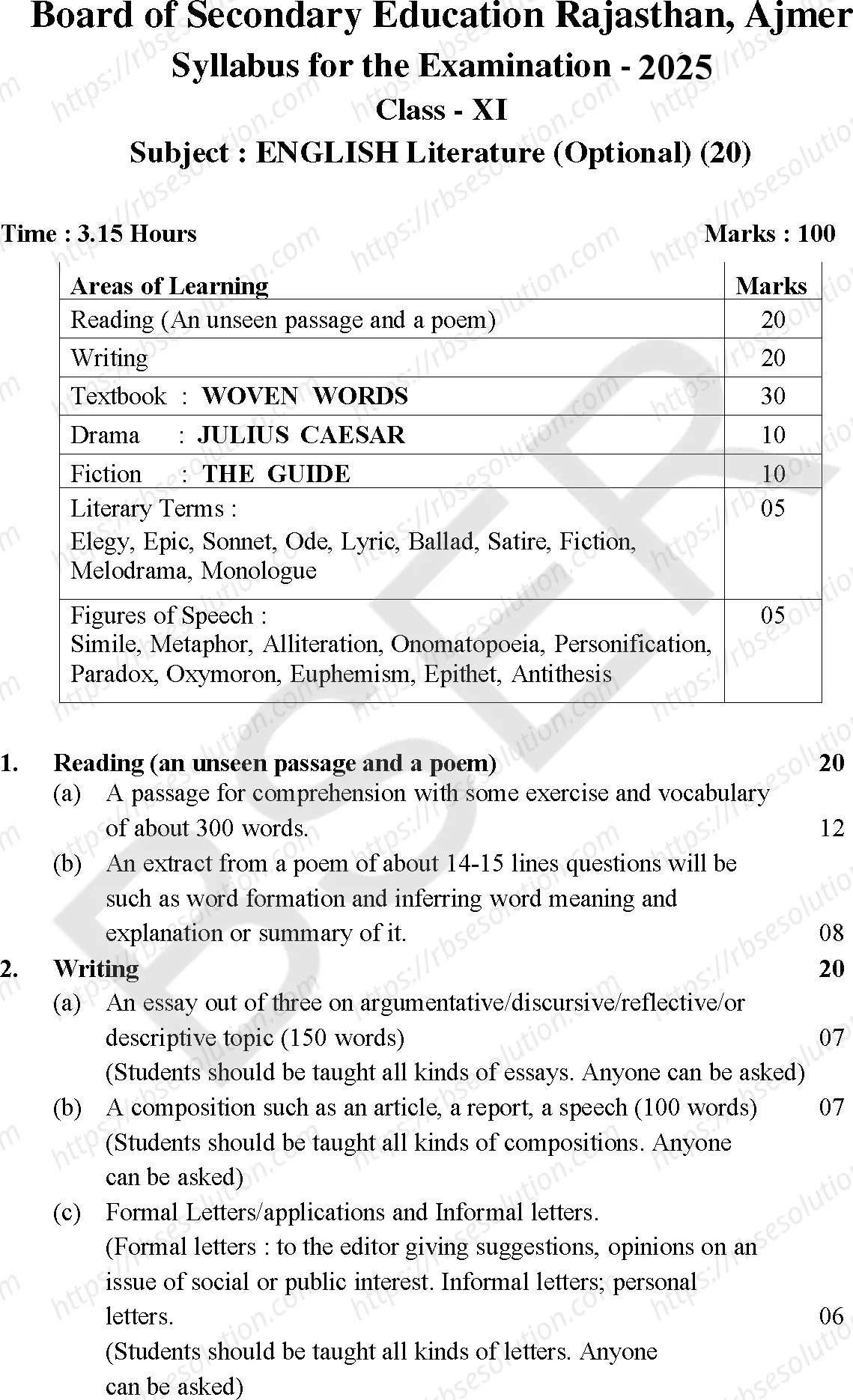 RBSE Class 11th 2025 English Literature Syllabus 0