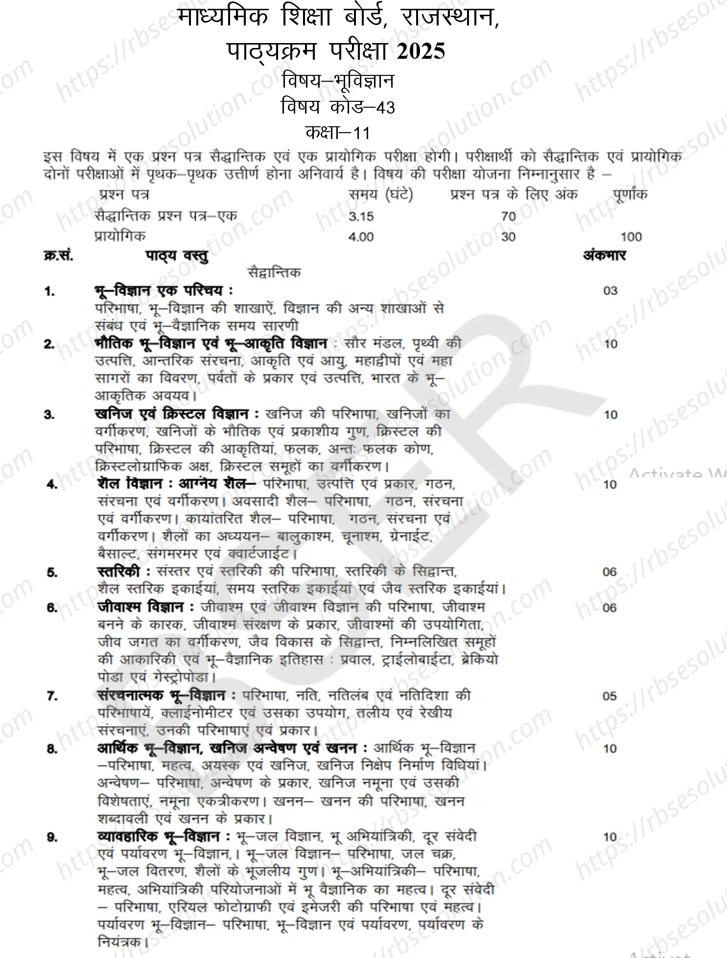 RBSE Class 11th 2025 Geology Syllabus 0