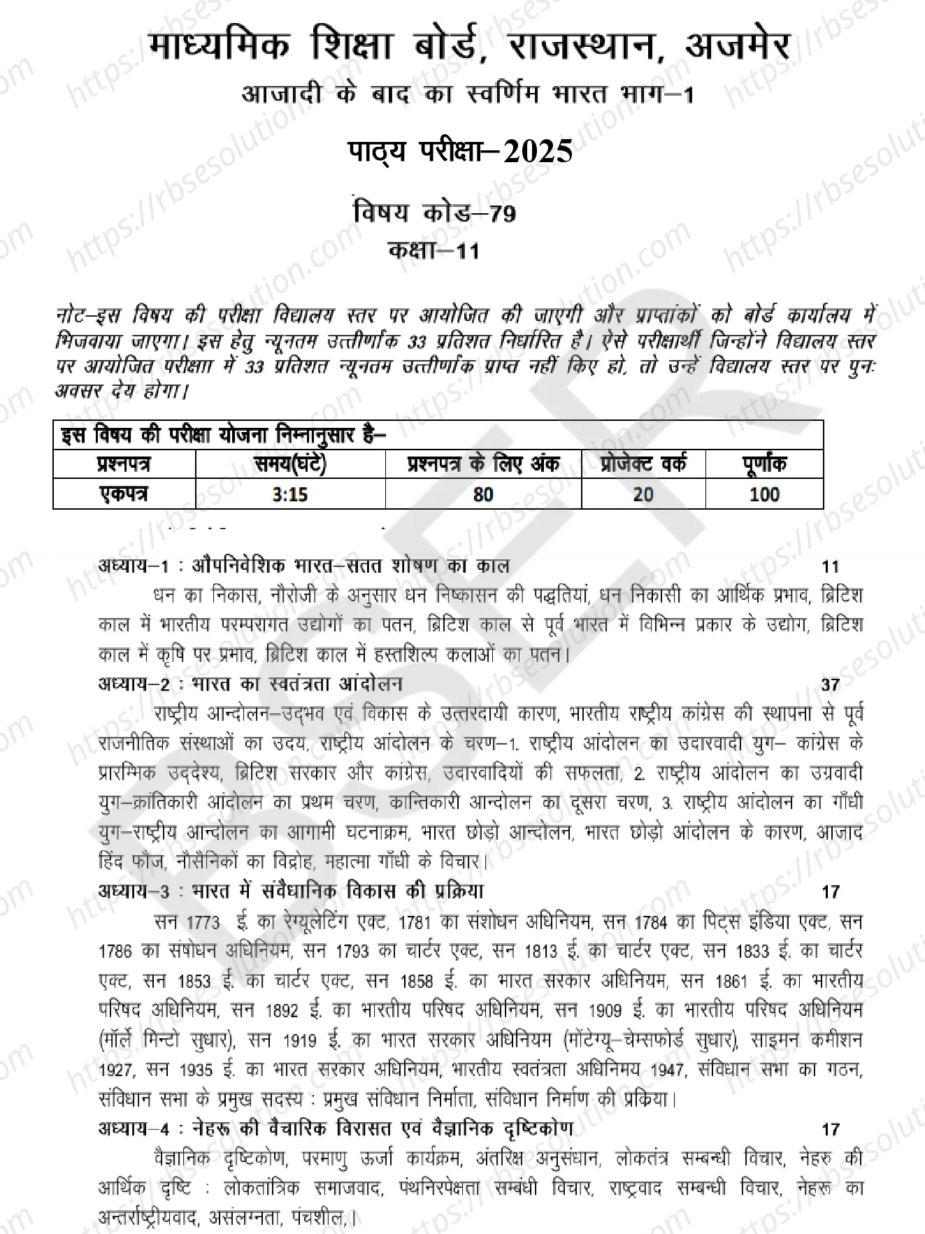 RBSE Class 11th 2025 Golden India after Independence Part-1 Syllabus 0